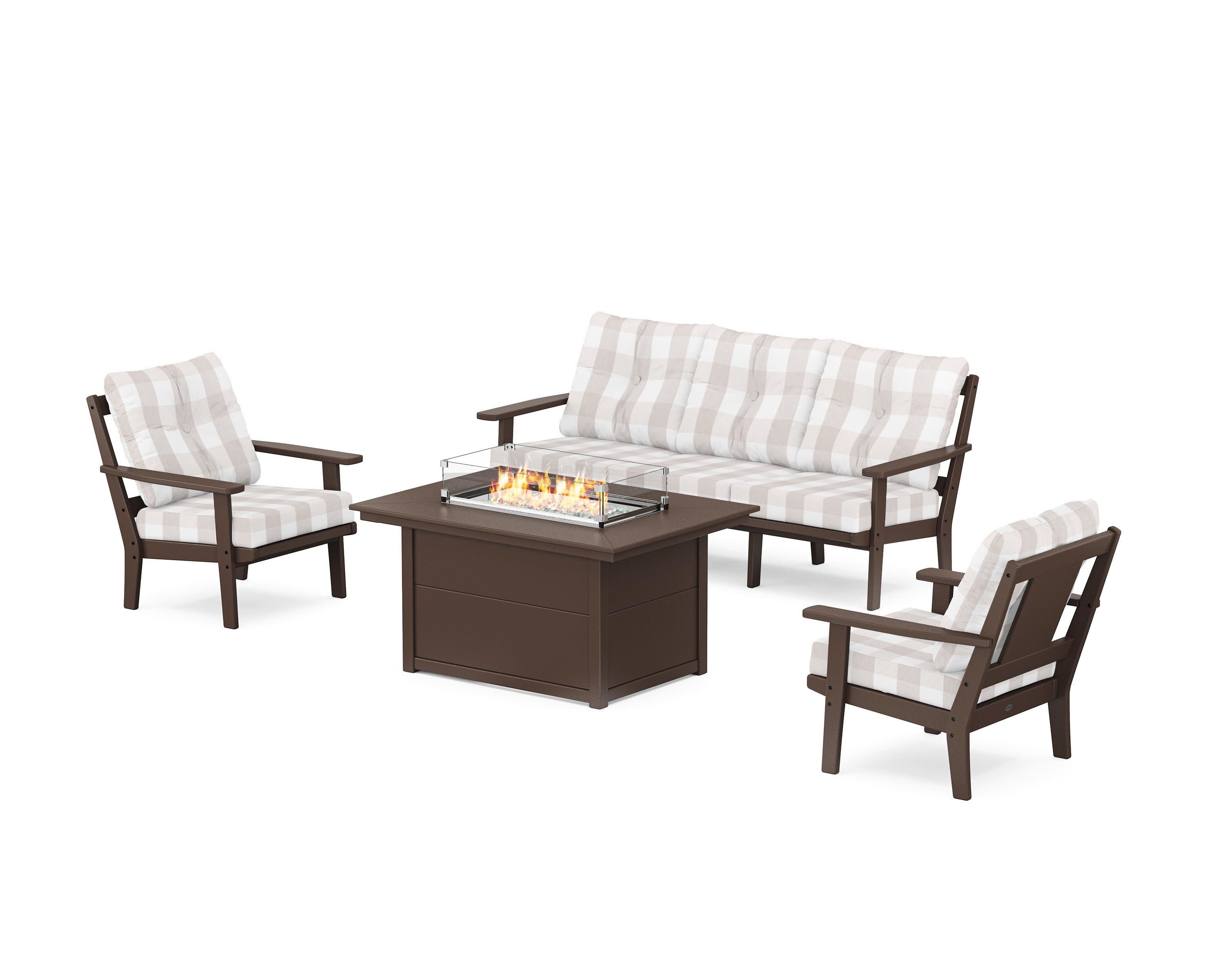 Prairie Deep Seating Fire Pit Table Set in Mahogany / Buffalo Plaid Dune Burlap