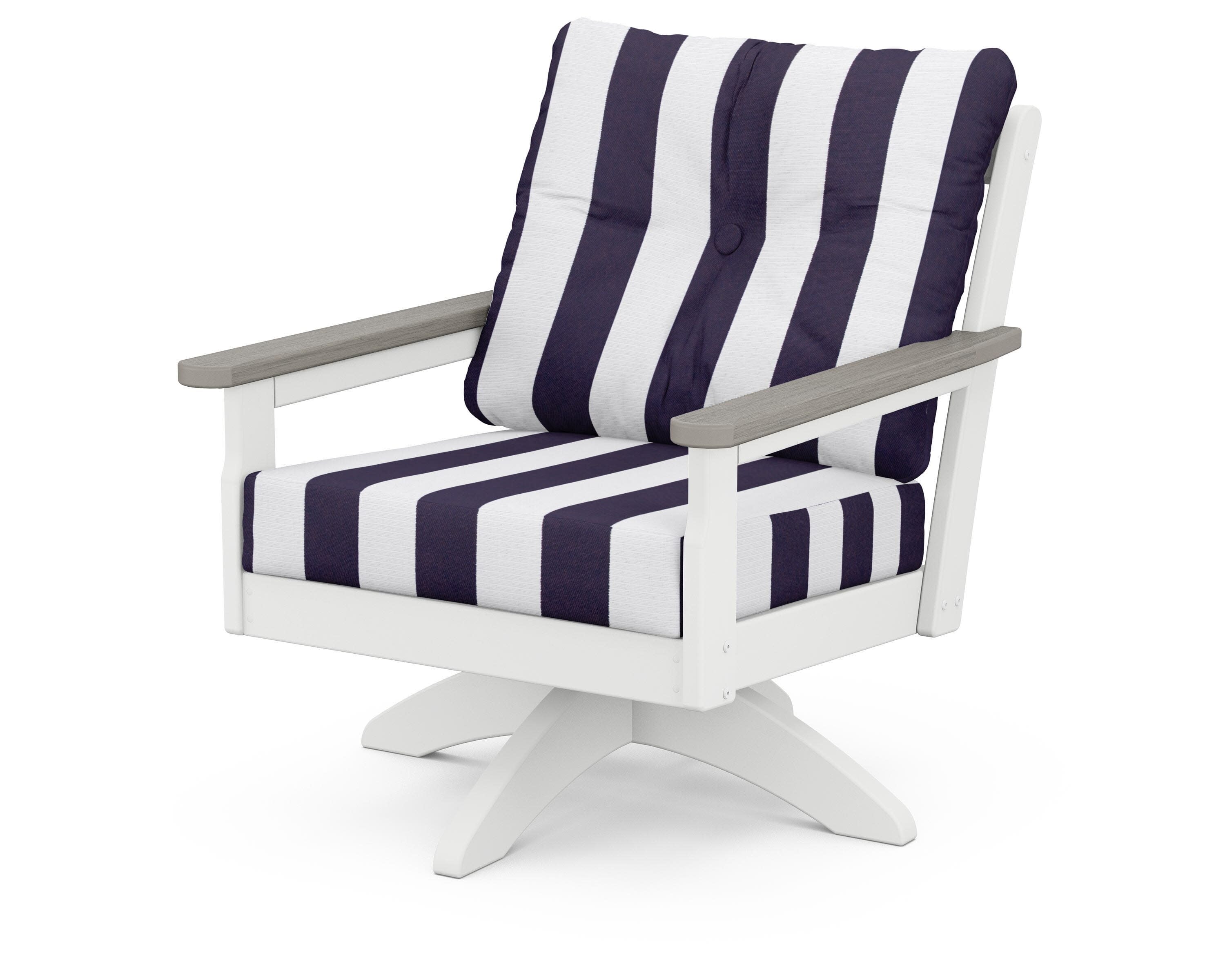 Vineyard Deep Seating Swivel Chair in White / Driftwood / Cabana Stripe Navy