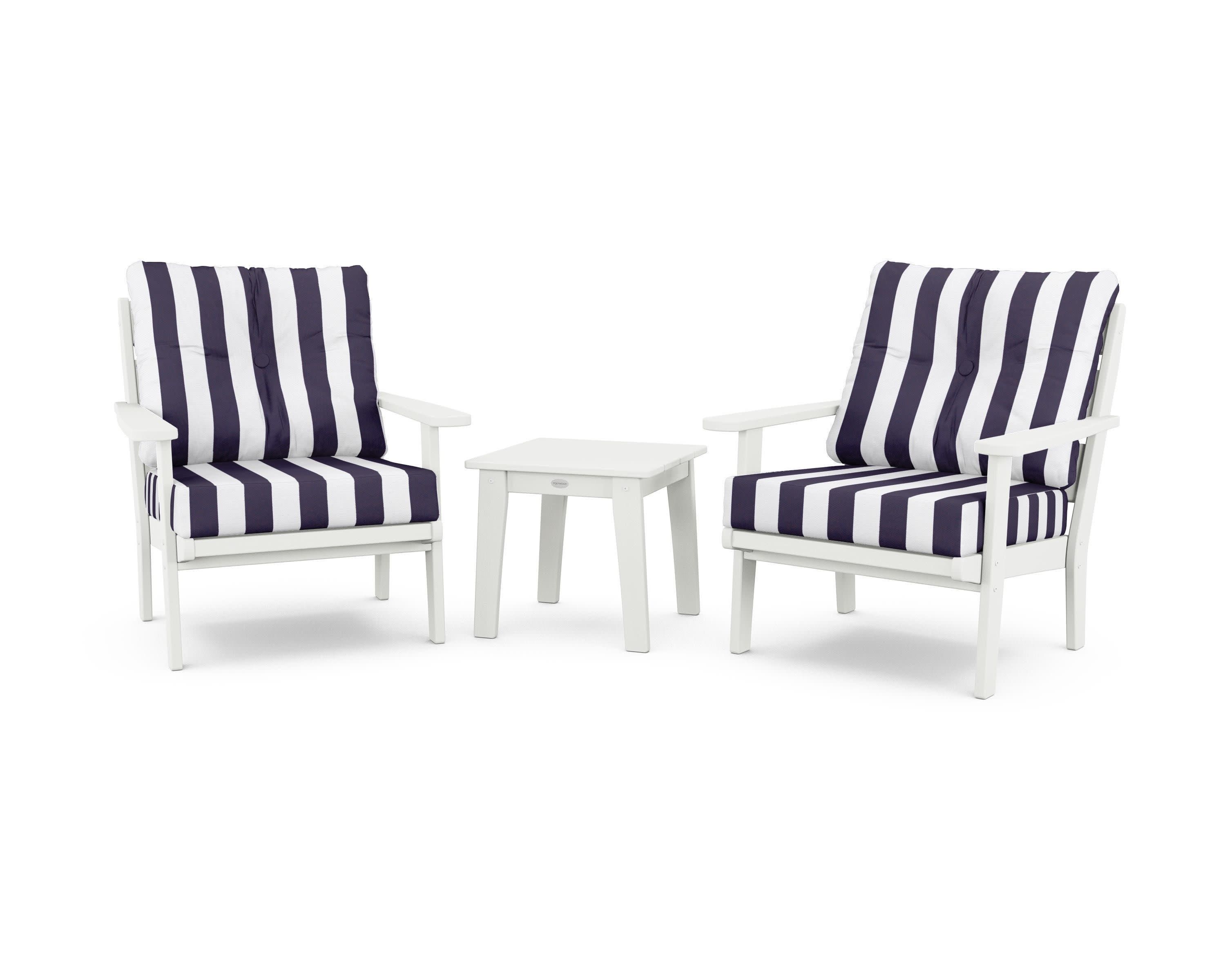 Lakeside 3-Piece Deep Seating Chair Set in Vintage White / Cabana Stripe Navy