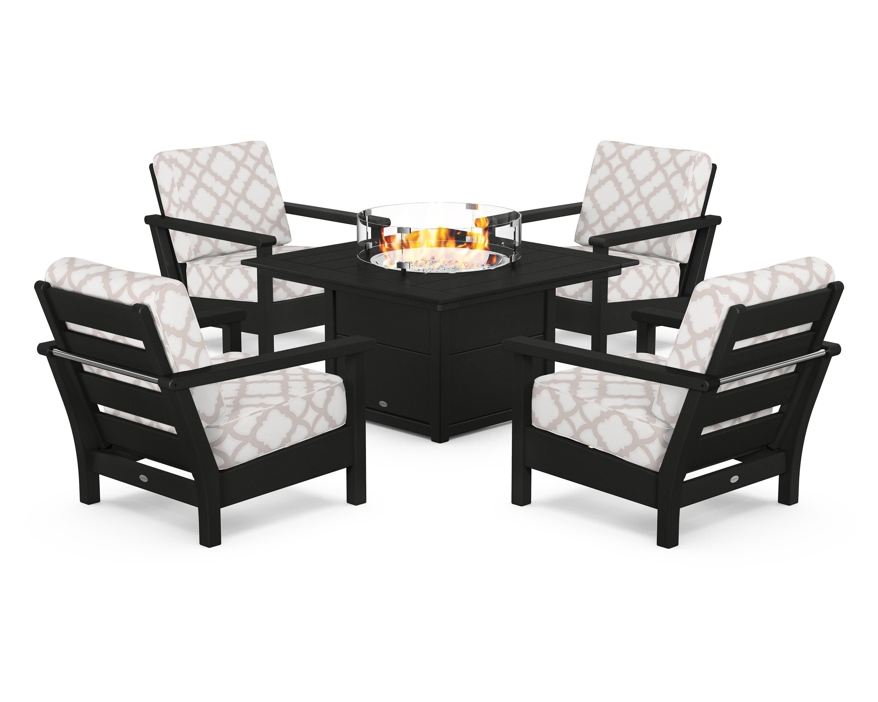 Harbour 5-Piece Conversation Set with Fire Pit Table in Black / Trellis Dune Burlap