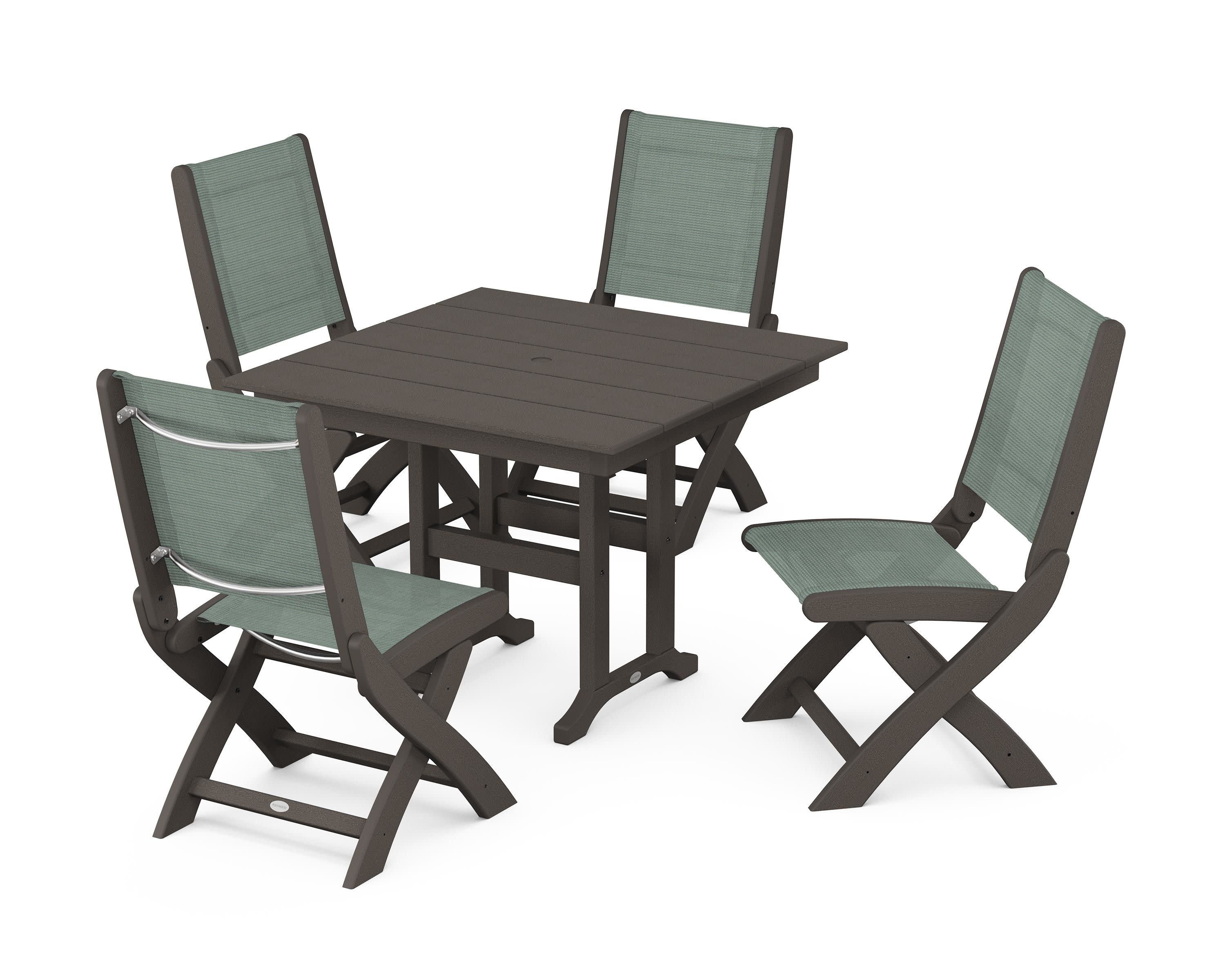 Coastal Folding Side Chair 5-Piece Farmhouse Dining Set in Vintage Coffee / Dupioni Sea Mist Sling