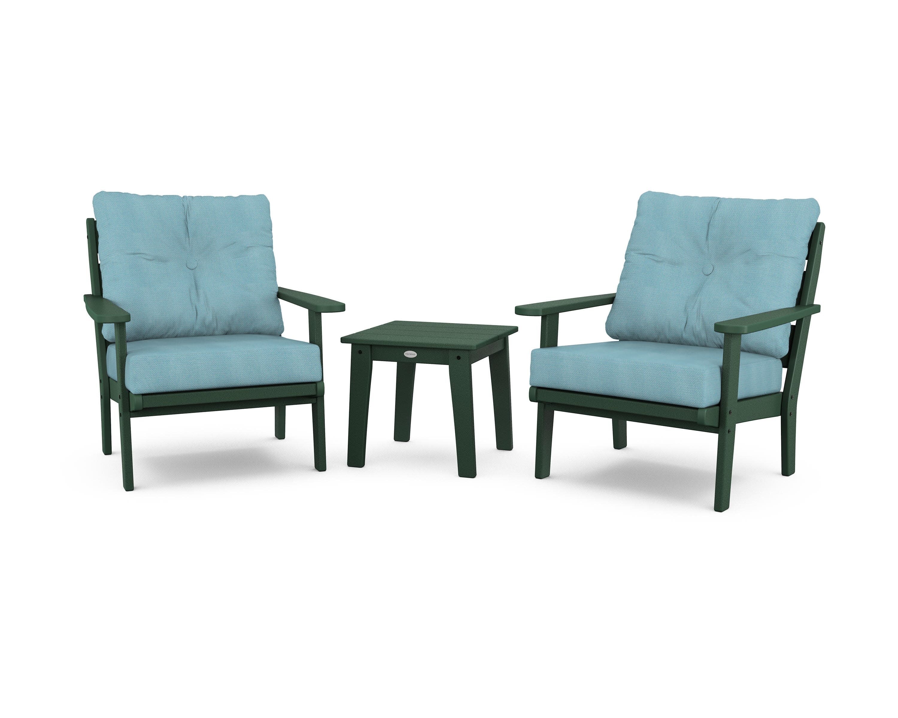 Lakeside 3-Piece Deep Seating Chair Set in Green / Lattice Sky Blue