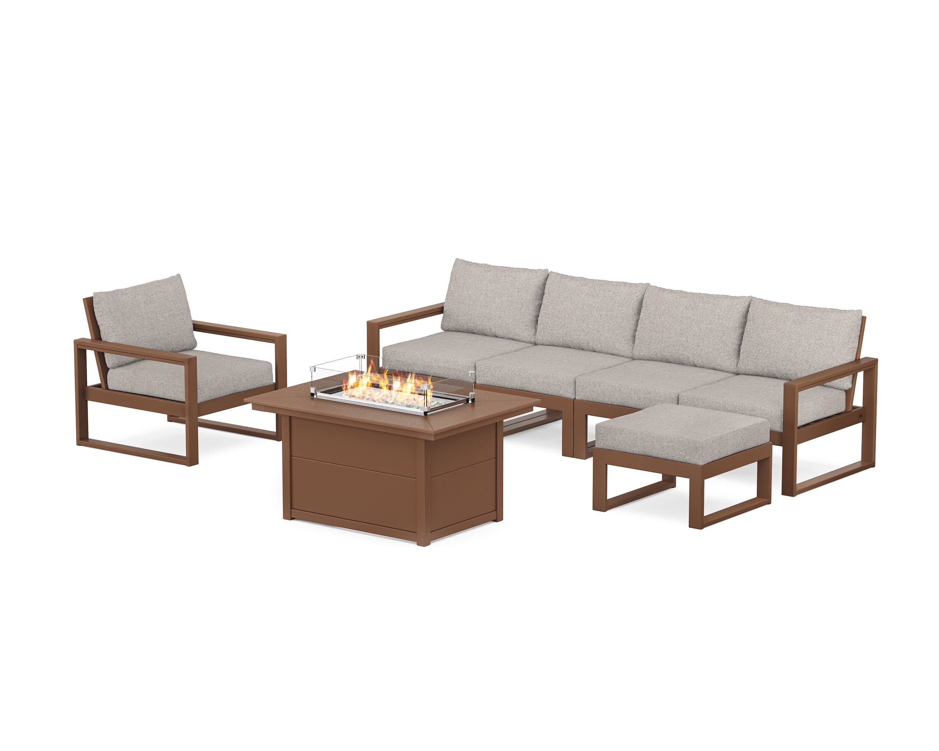 EDGE Sectional Lounge and Fire Pit Set in Teak / Weathered Tweed