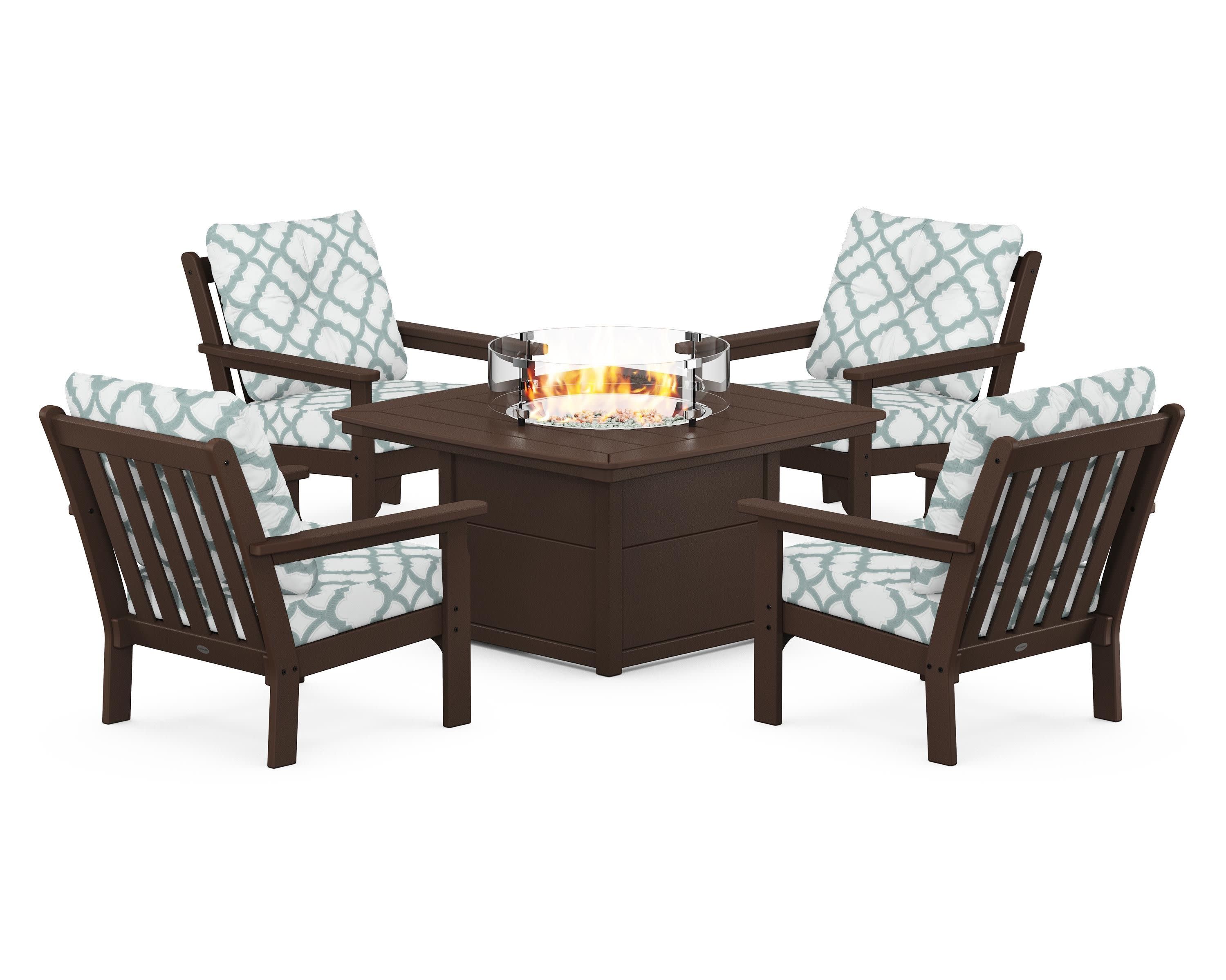 Vineyard 5-Piece Conversation Set with Fire Pit Table in Mahogany / Trellis Glacier Spa