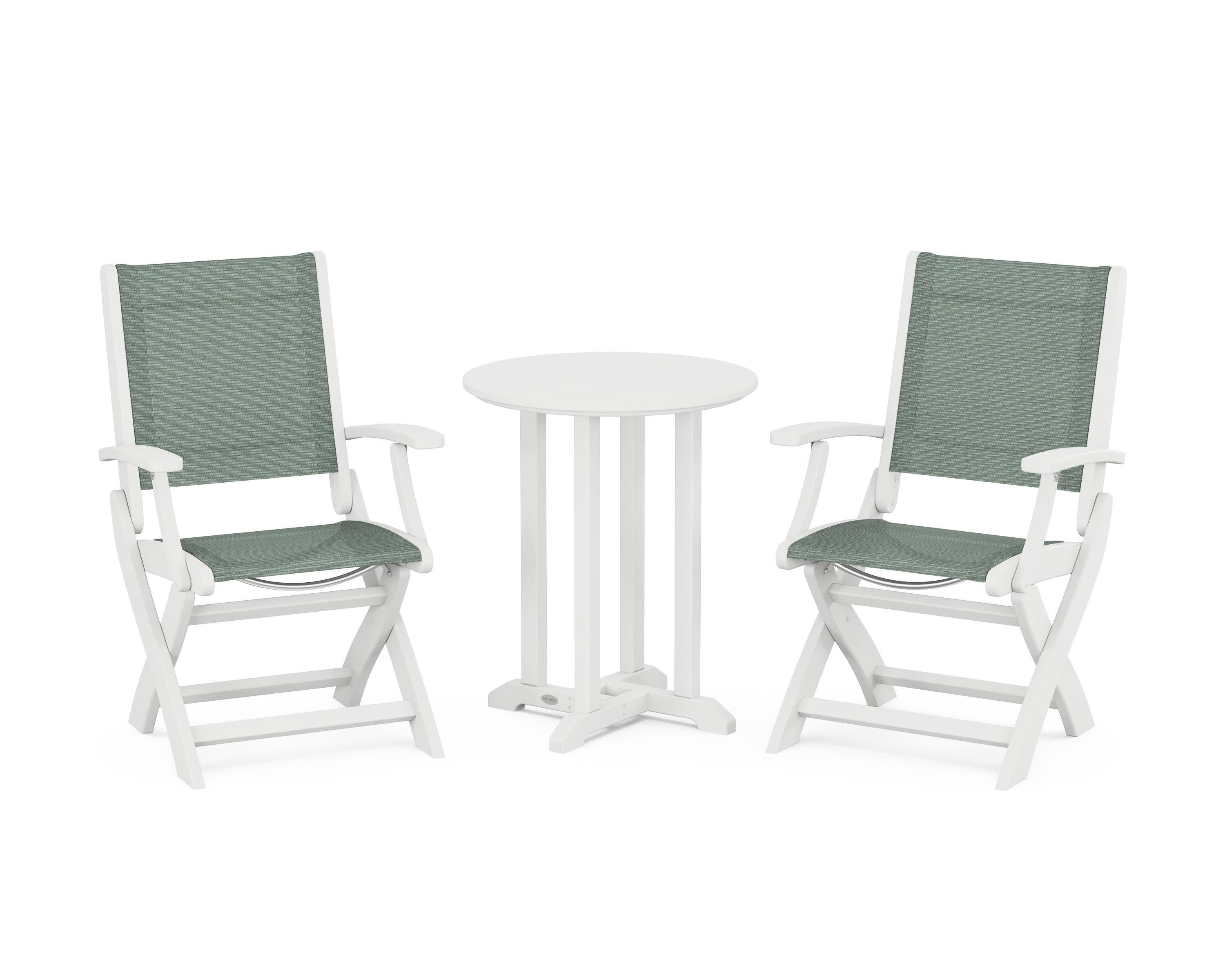Coastal Folding 3-Piece Round Bistro Dining Set in White / Dupioni Sea Mist Sling
