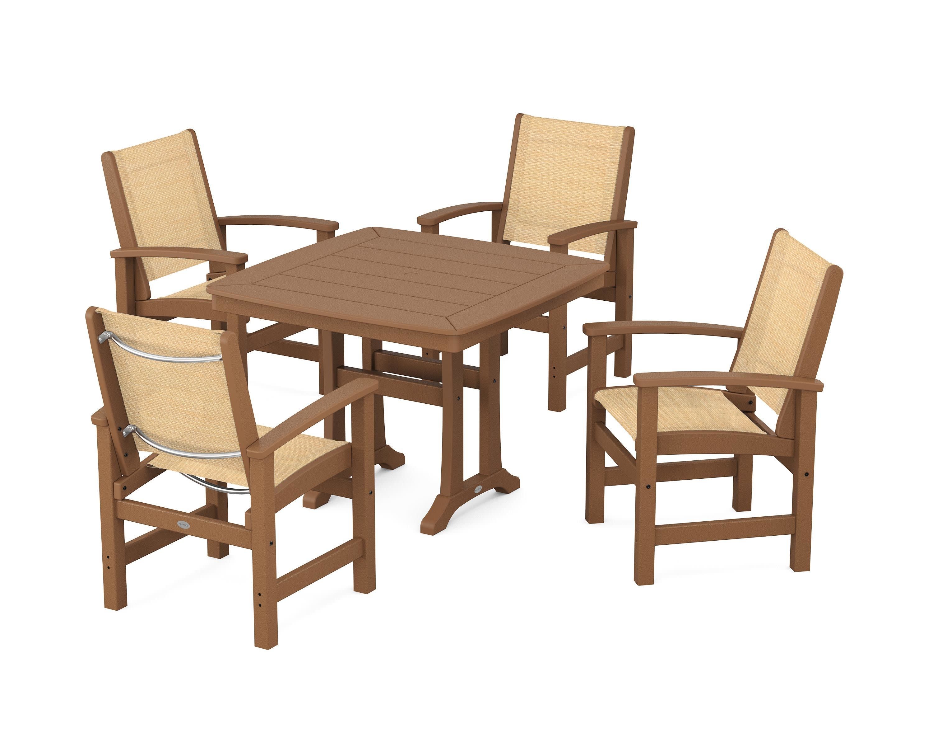 Coastal 5-Piece Dining Set with Trestle Legs in Teak / Dupioni Apricot Sling