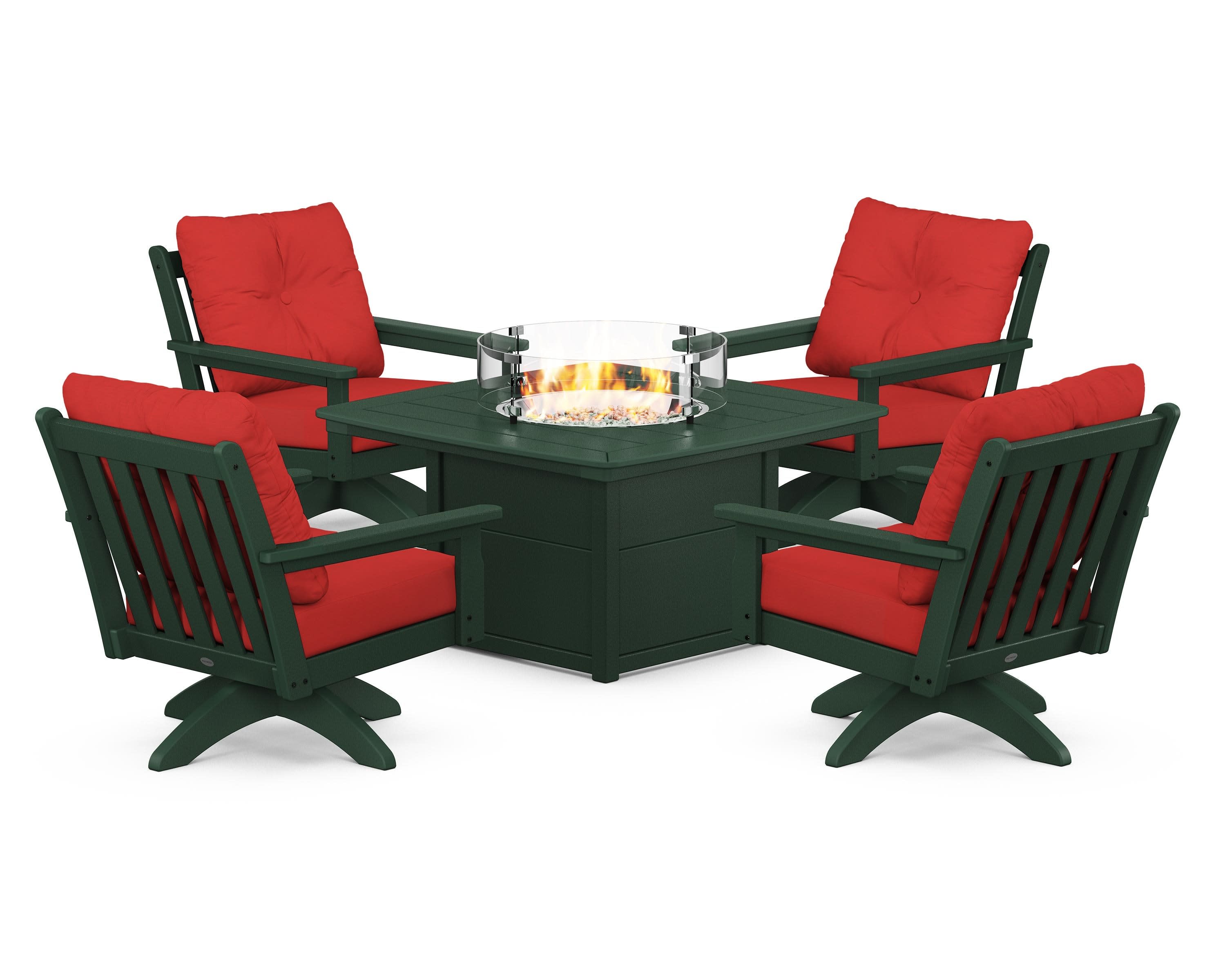 Vineyard 5-Piece Deep Seating Swivel Conversation Set with Fire Pit Table in Green / Crimson Linen
