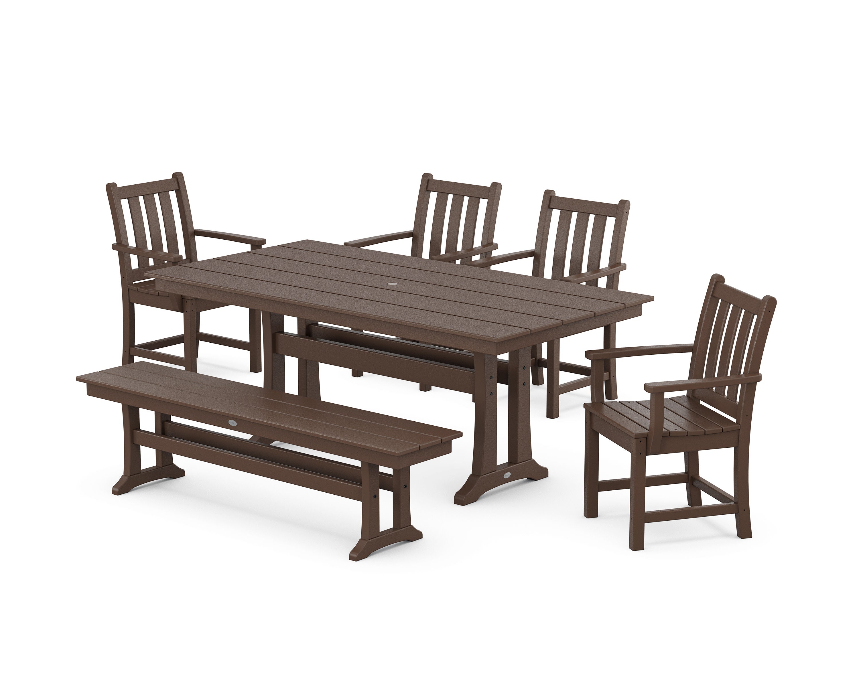 Traditional Garden Arm Chair 6-Piece Farmhouse Dining Set with Trestle Legs and Bench in Mahogany