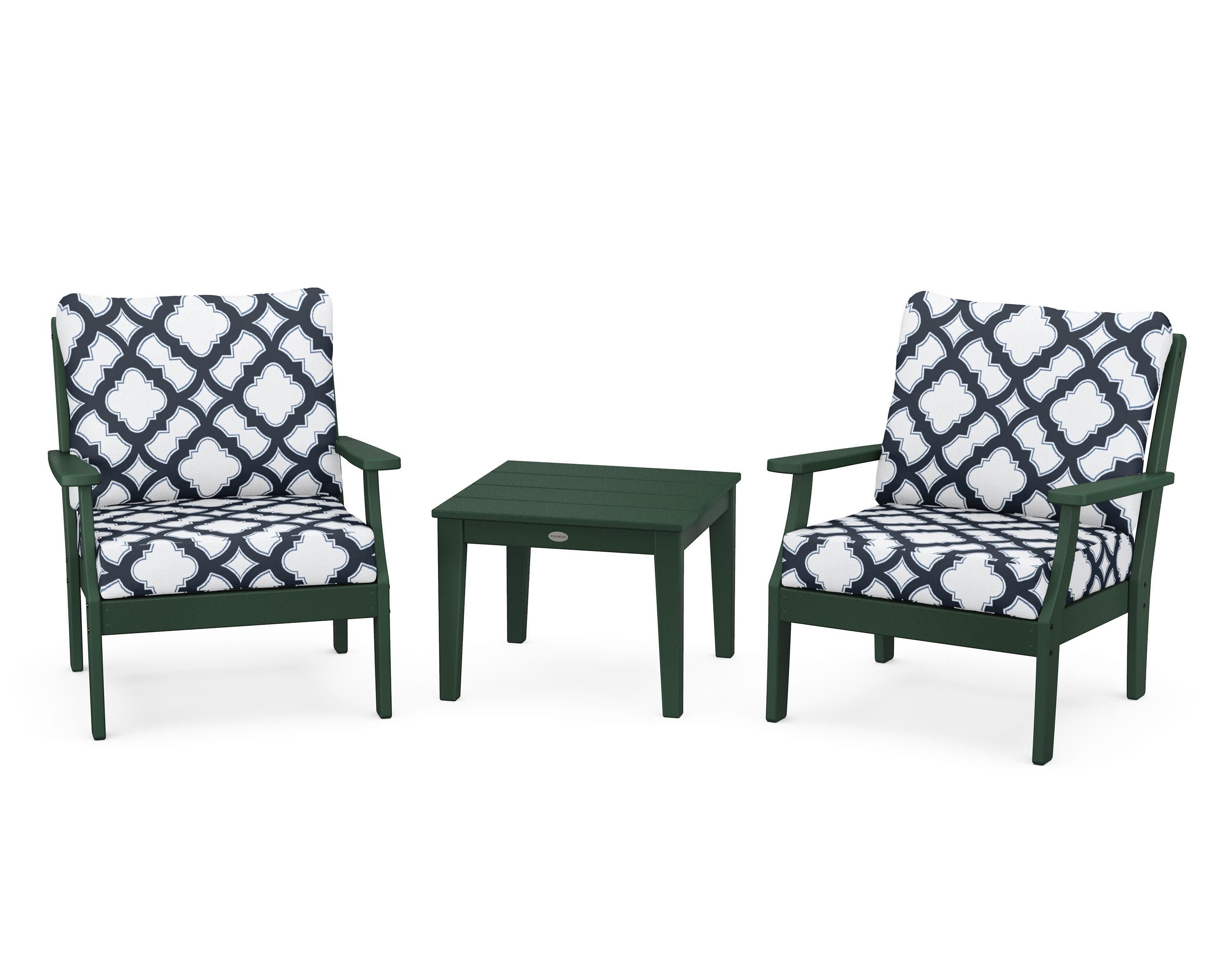 Braxton 3-Piece Deep Seating Set in Green / Trellis Marine Indigo