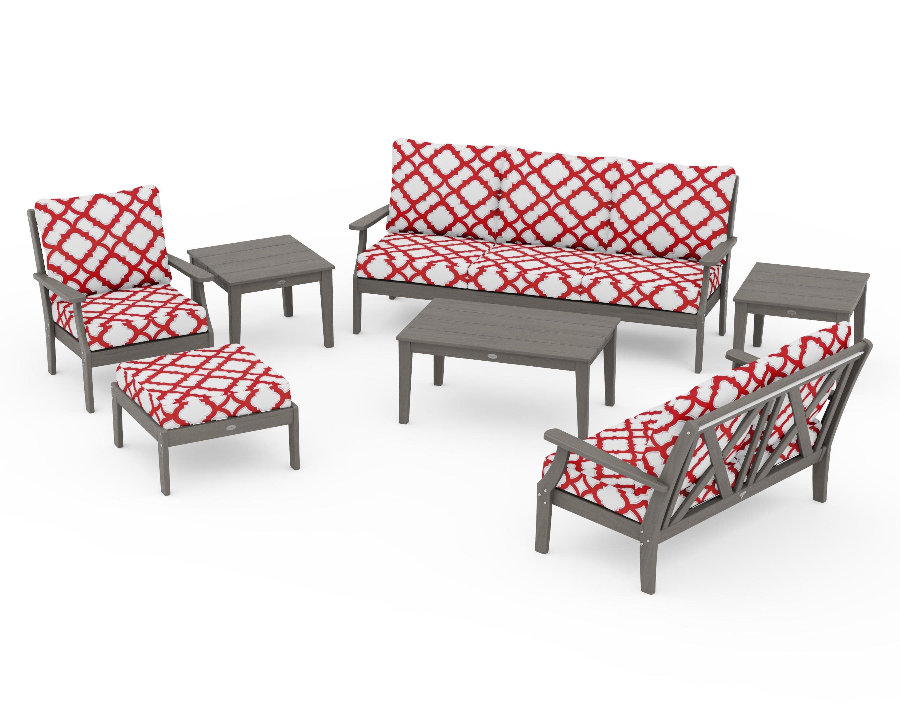 Braxton 7-Piece Deep Seating Set in Driftwood / Trellis Crimson