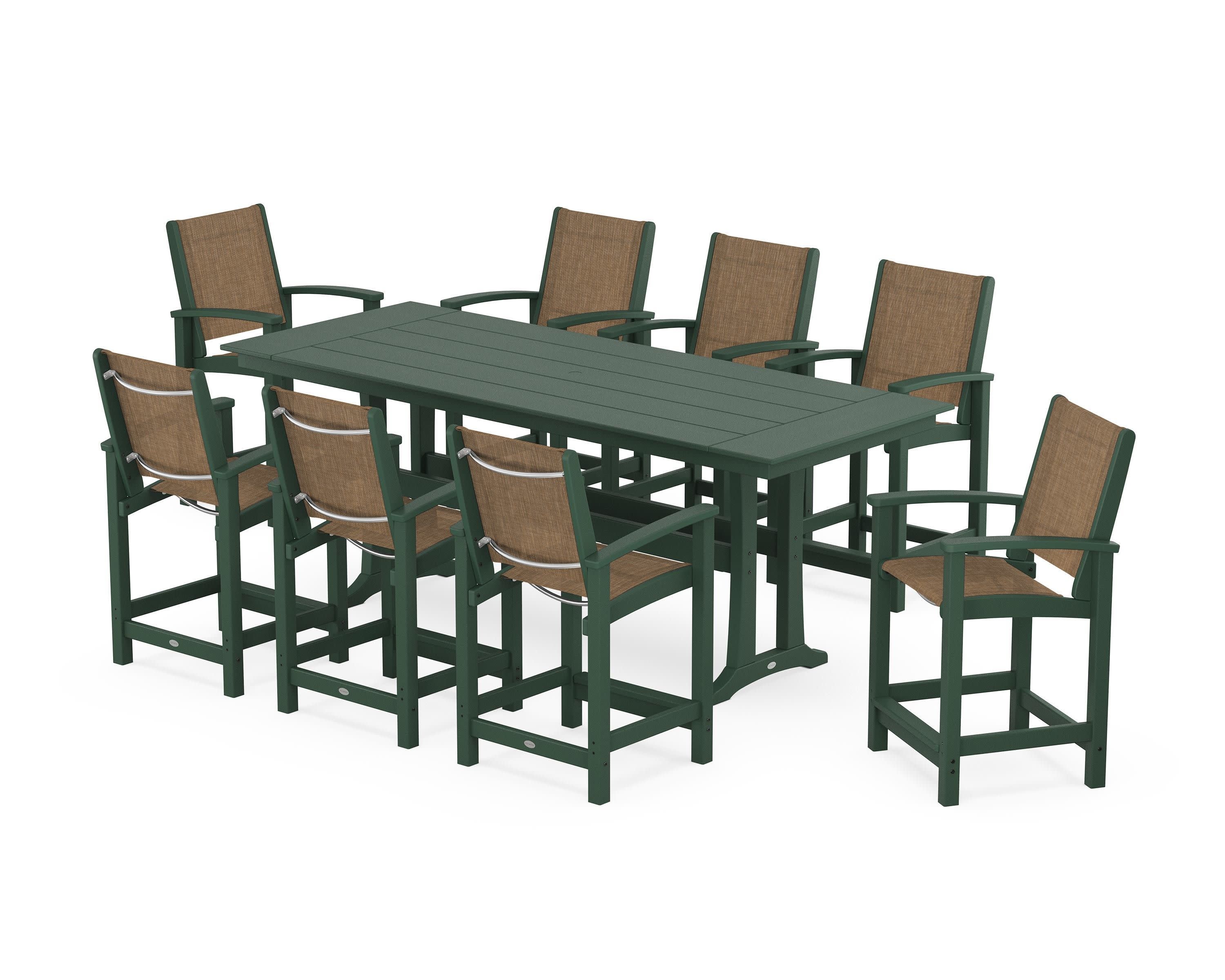 Coastal 9-Piece Farmhouse Counter Set with Trestle Legs in Green / Burlap Sling