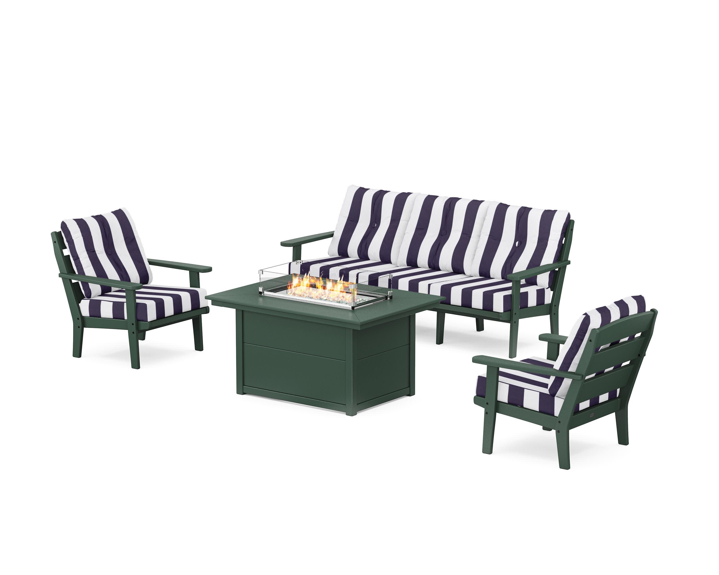 Lakeside Deep Seating Fire Pit Table Set in Green / Cabana Stripe Navy