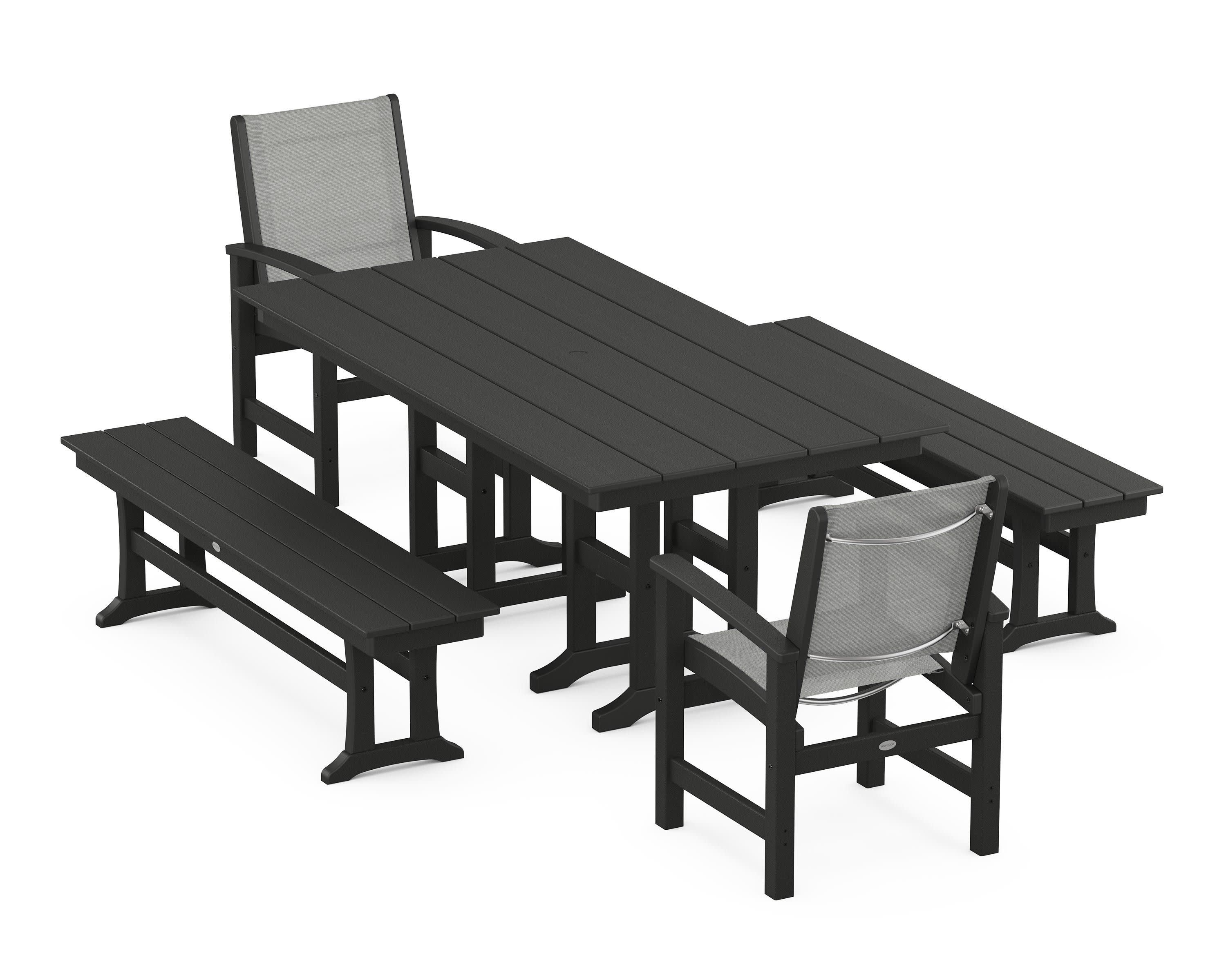 Coastal 5-Piece Farmhouse Dining Set in Black / Metallic Sling