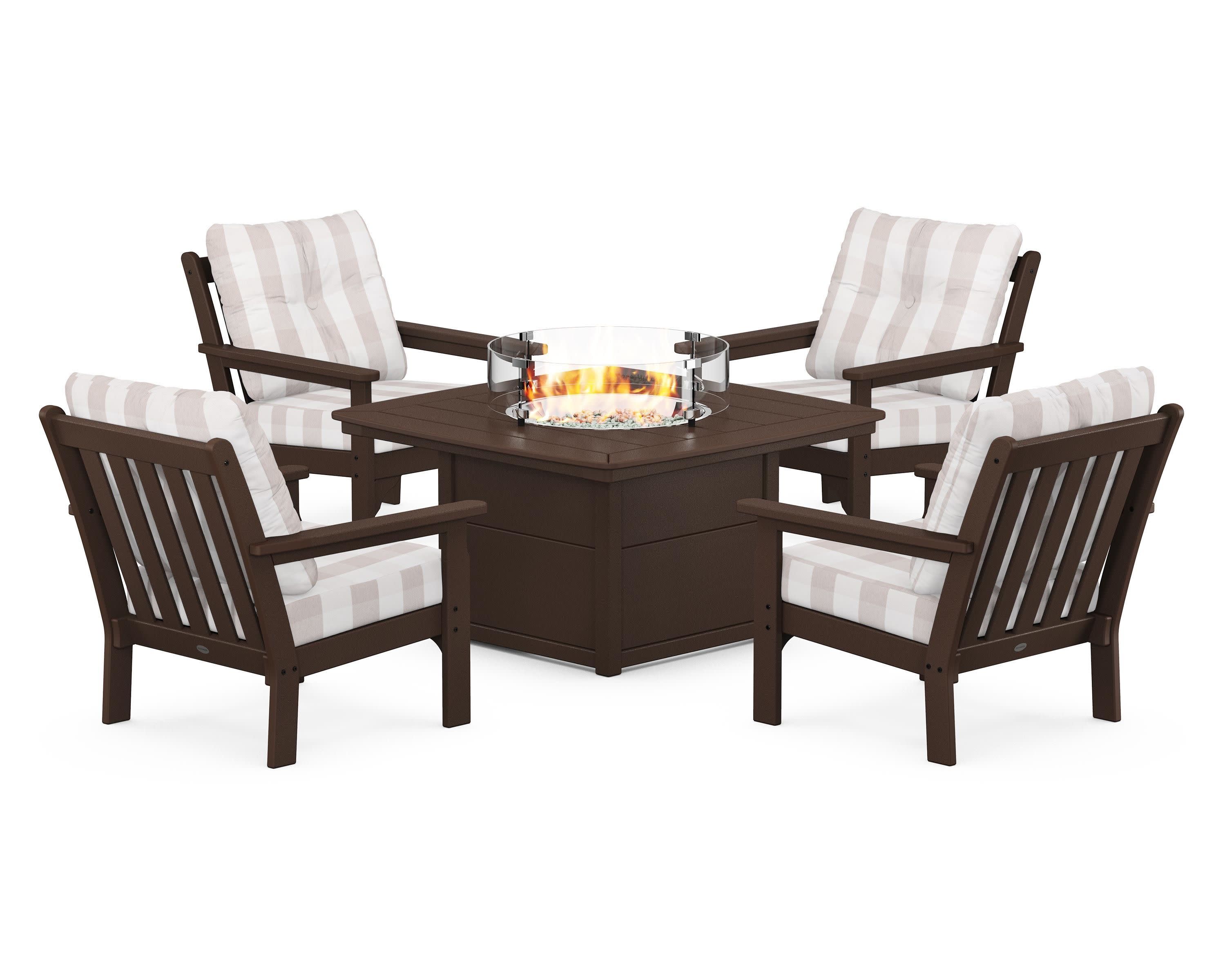 Vineyard 5-Piece Conversation Set with Fire Pit Table in Mahogany / Buffalo Plaid Dune Burlap