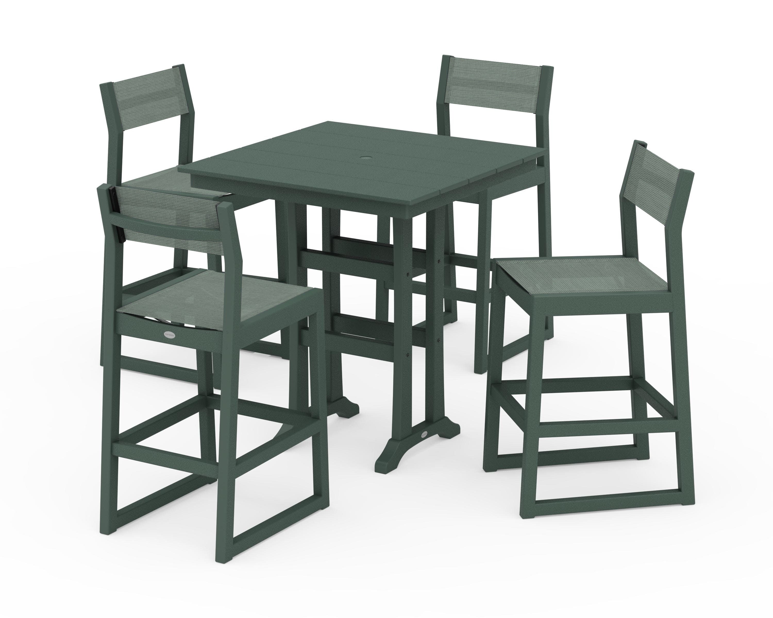EDGE Sling Arm Chair 5-Piece Farmhouse Bar Set with Trestle Legs in Green / Dupioni Sea Mist Sling