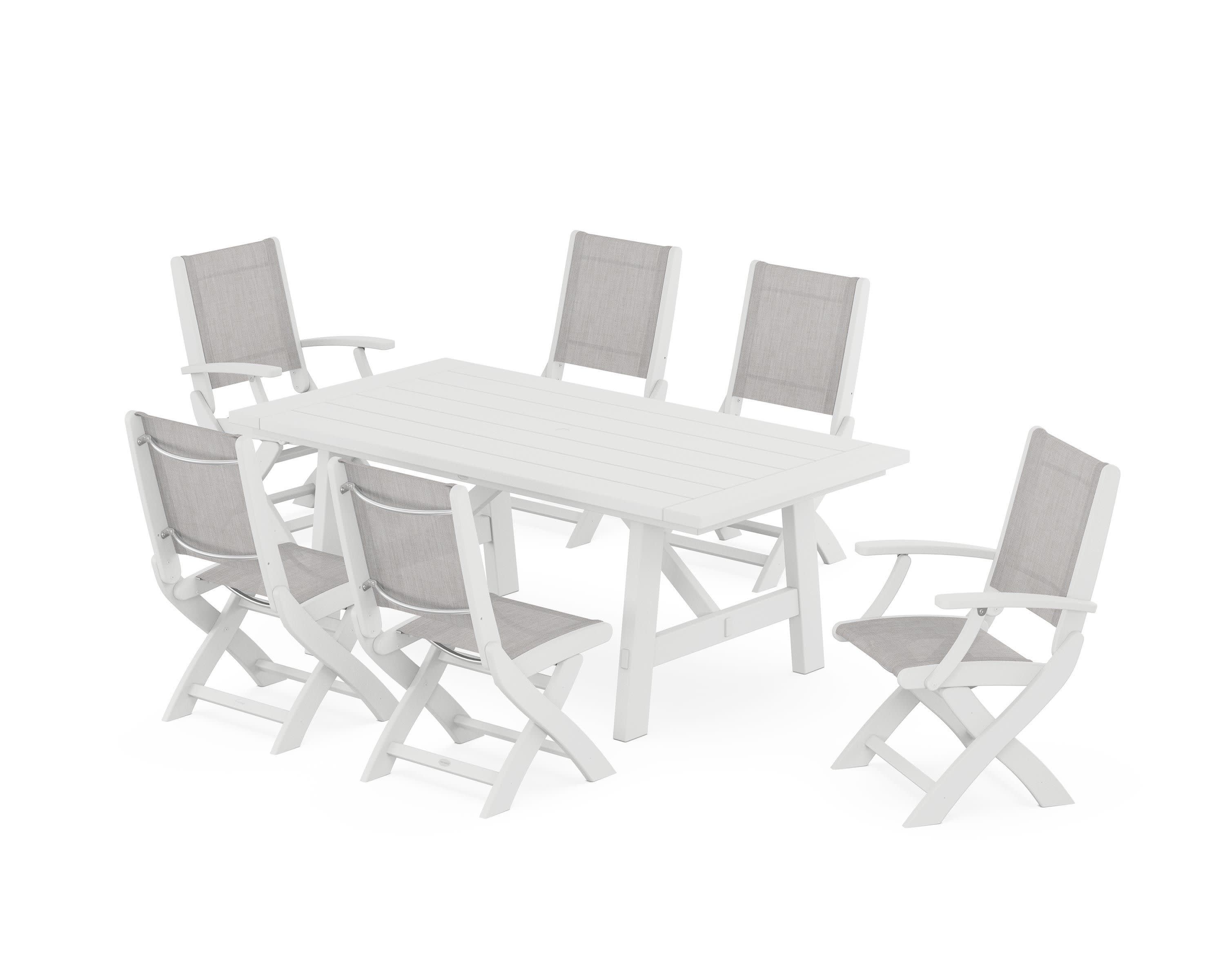 Coastal Folding Chair 7-Piece Rustic Farmhouse Dining Set in White / Parchment Sling