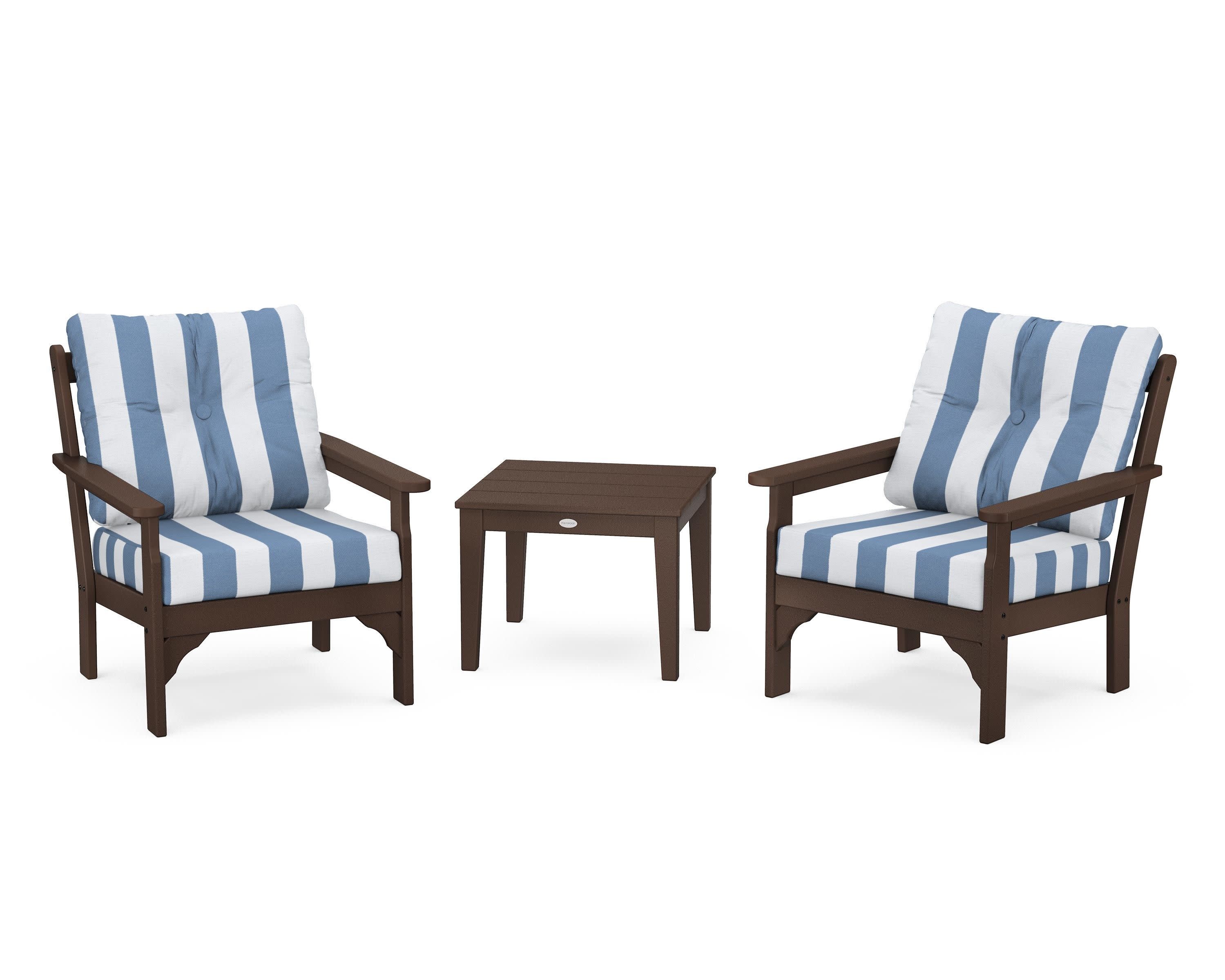 Vineyard 3-Piece Deep Seating Set in Mahogany / Cabana Stripe Sky Blue