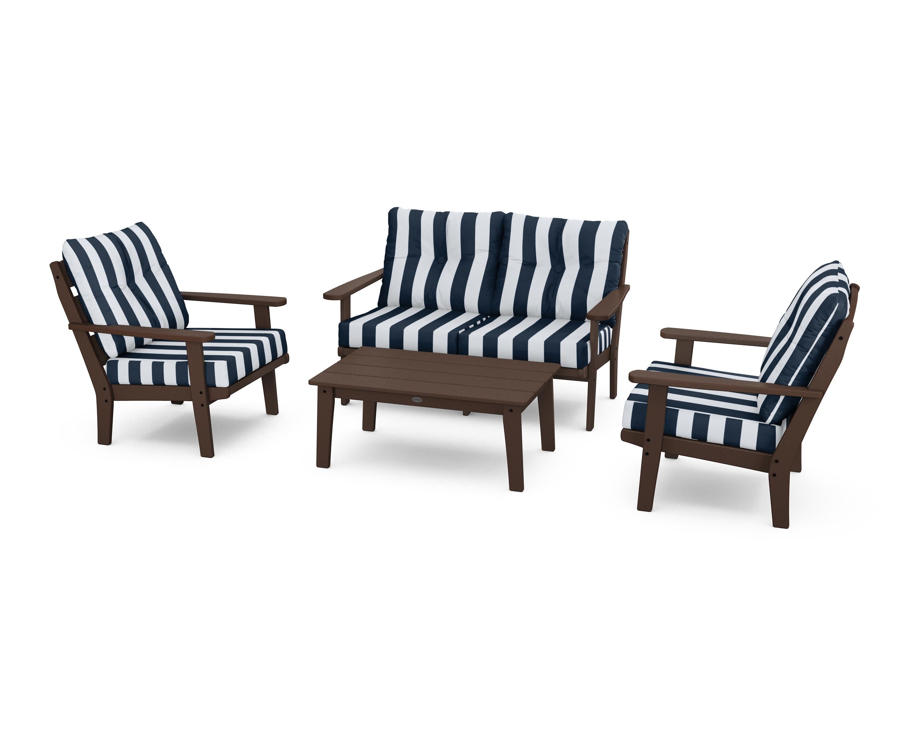 Lakeside 4-Piece Deep Seating Set in Mahogany / Cabana Stripe Marine Indigo