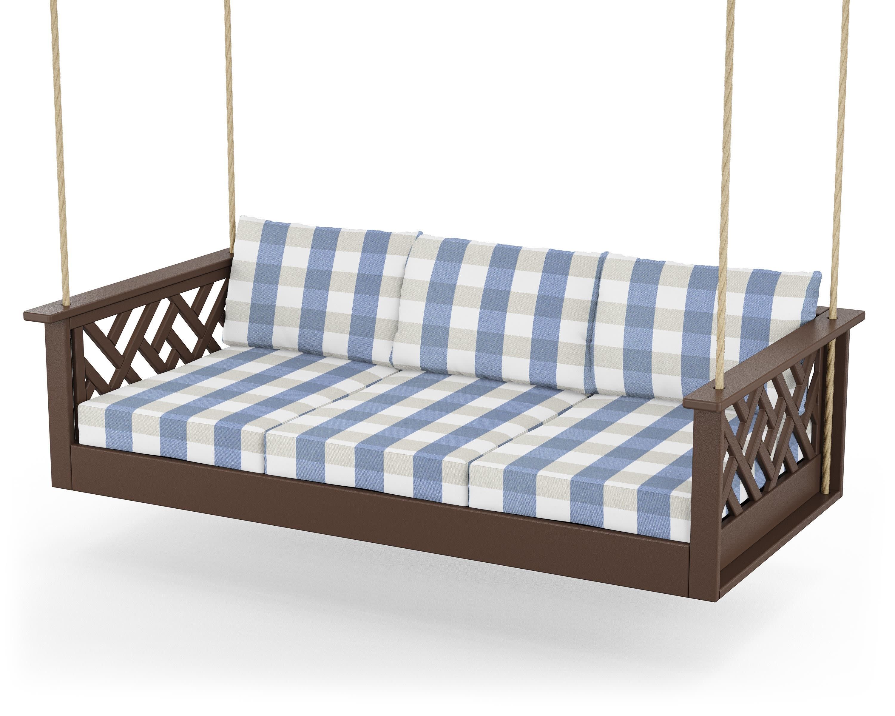 Chippendale Daybed Swing in Mahogany / Buffalo Plaid Sky Blue