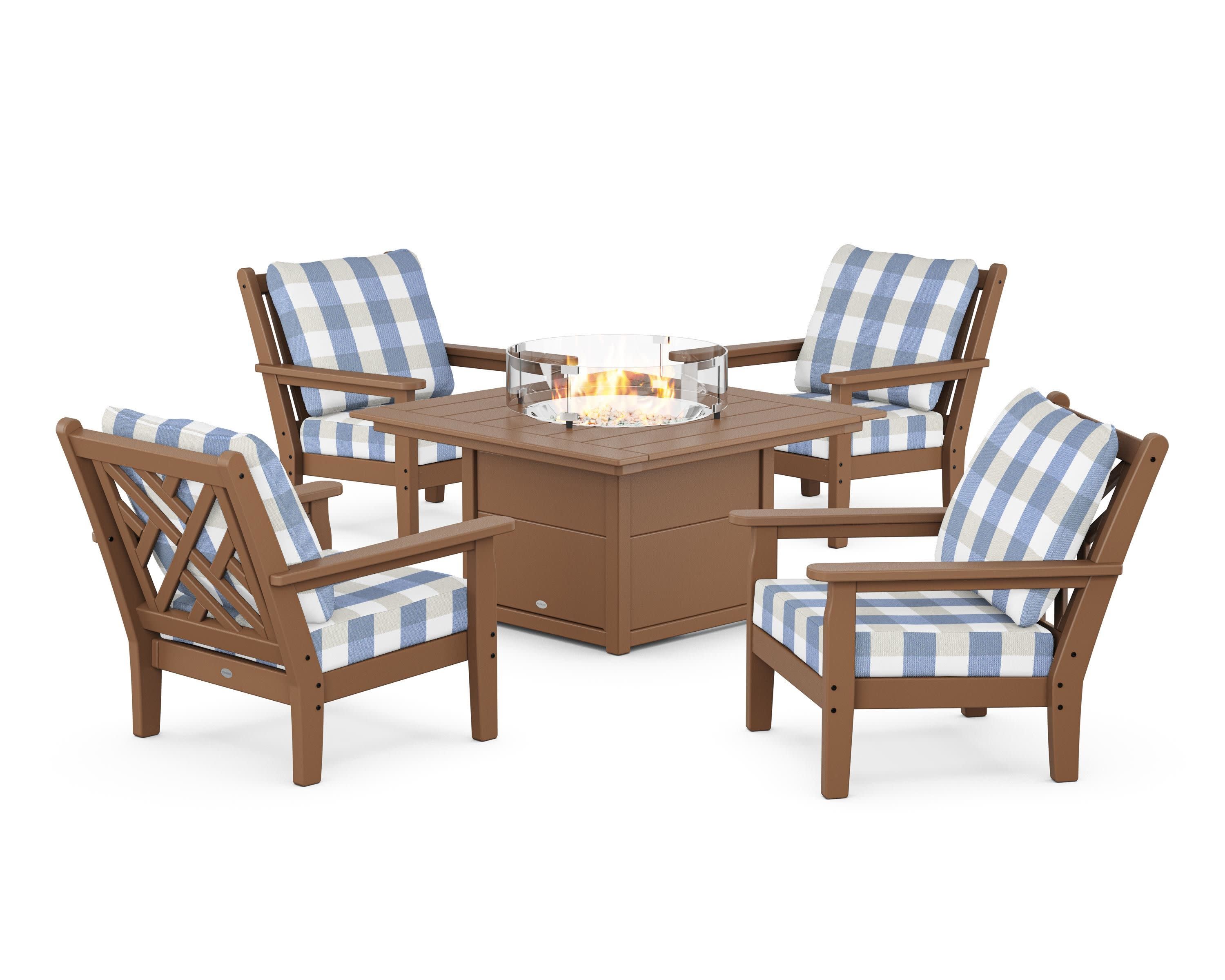 Chippendale 5-Piece Deep Seating Set with Fire Pit Table in Teak / Buffalo Plaid Sky Blue