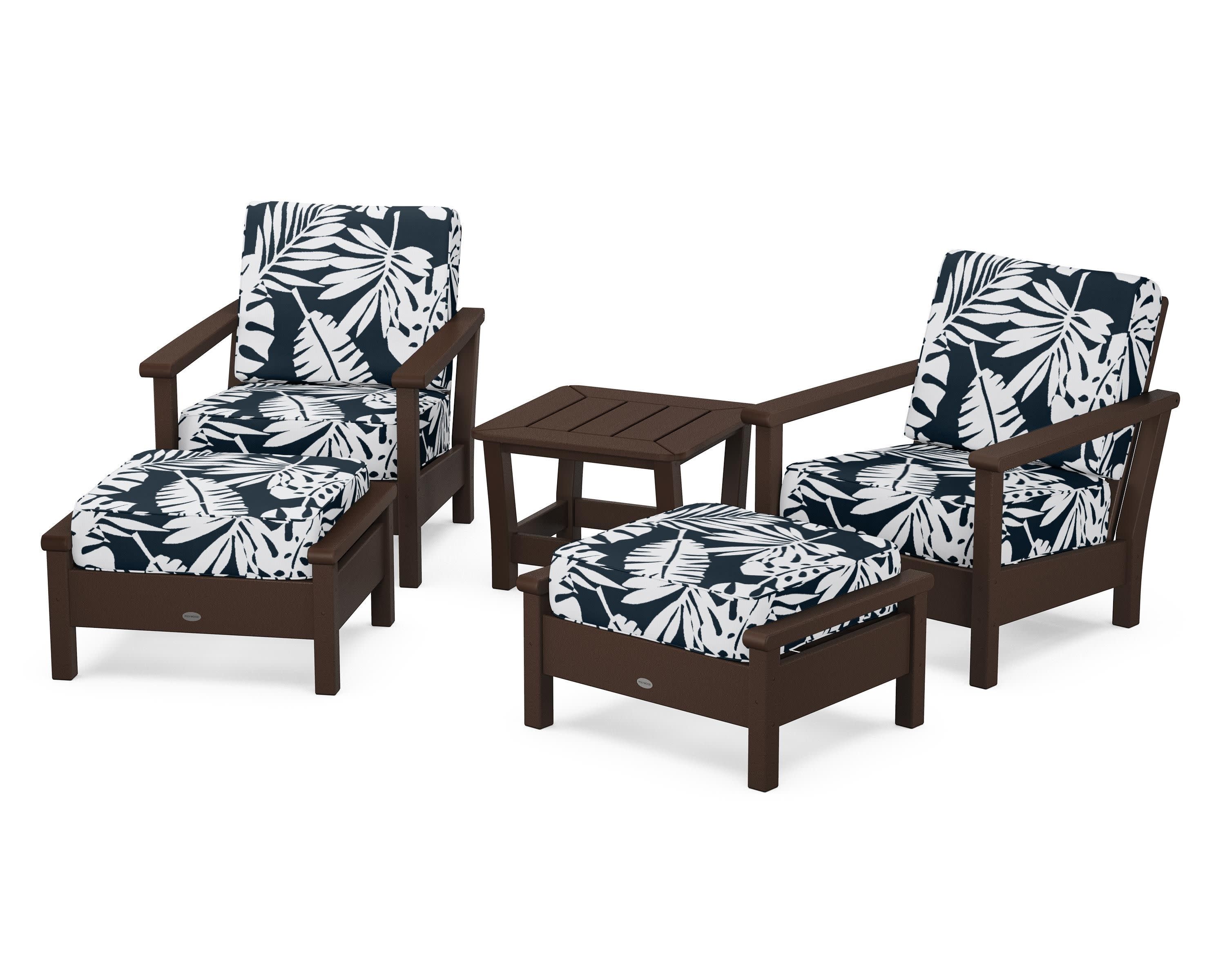Harbour 5-Piece Deep Seating Chair Set in Mahogany / Leaf Marine Indigo
