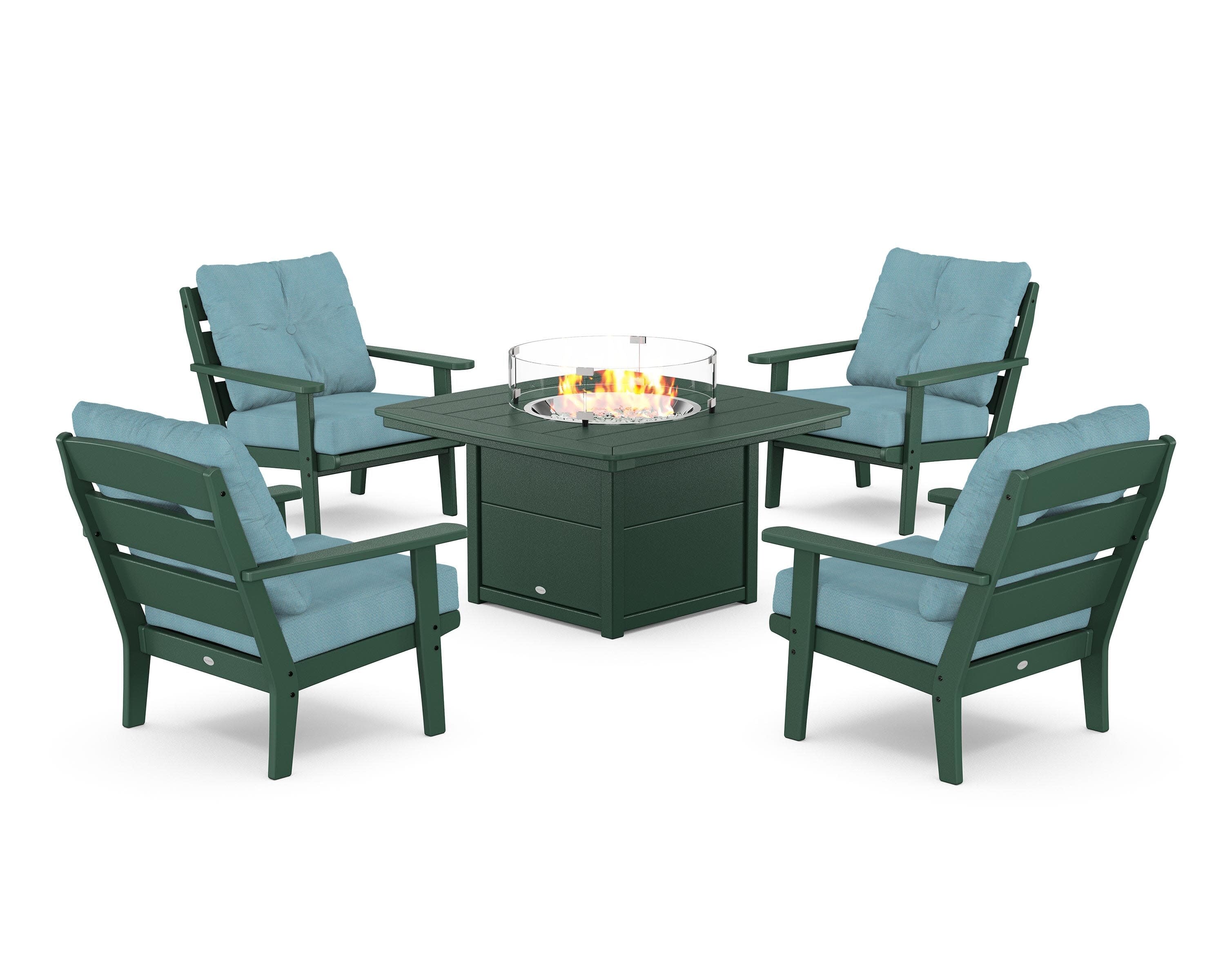 Lakeside 5-Piece Deep Seating Set with Nautical Fire Pit Table in Green / Lattice Sky Blue