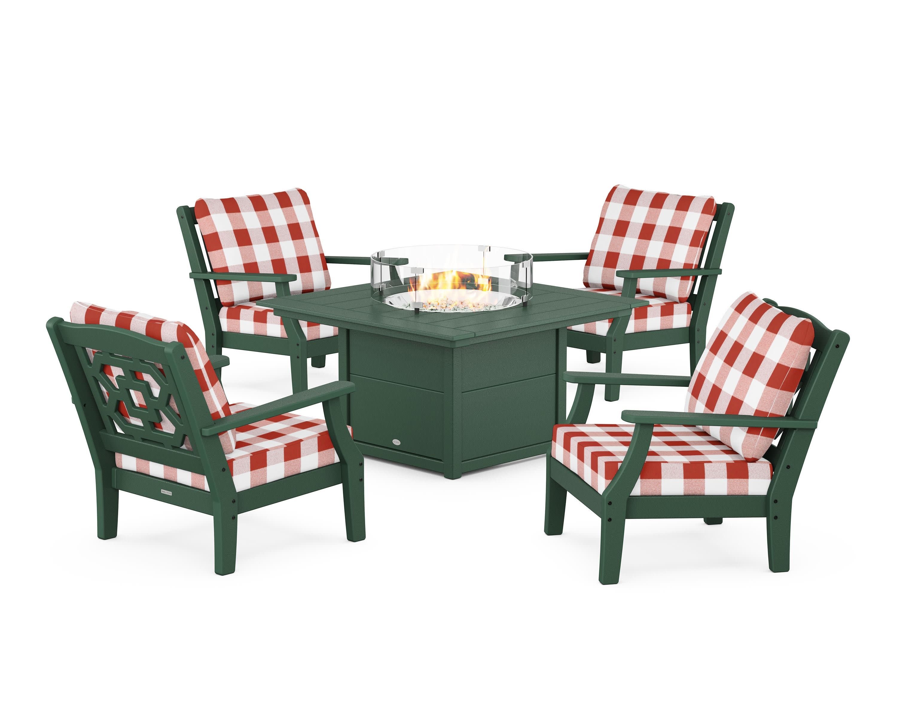 Chinoiserie 5-Piece Deep Seating Set with Fire Pit Table in Green / Buffalo Plaid Crimson