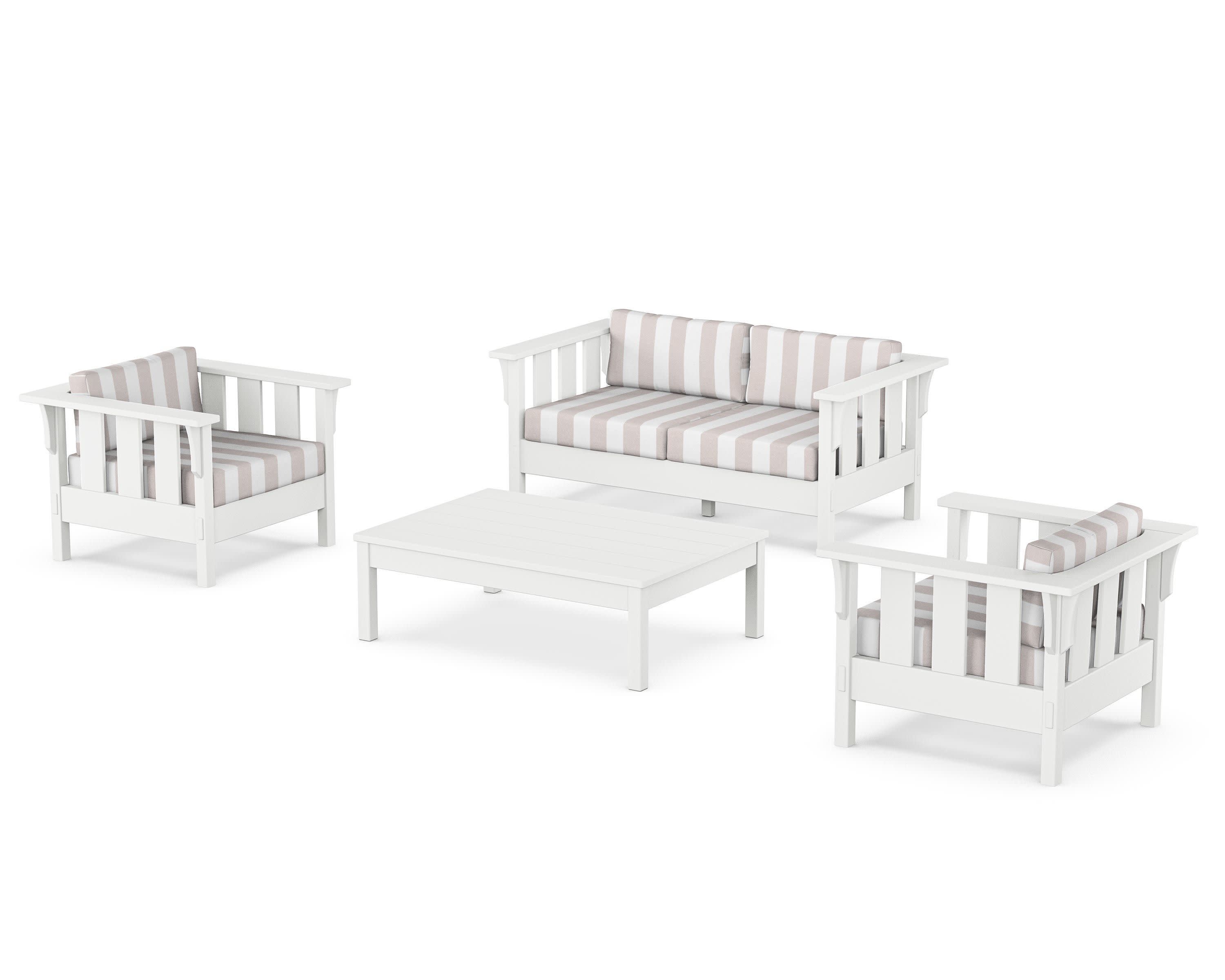 Acadia 4-Piece Deep Seating Set with Loveseat in White / Cabana Stripe Dune Burlap