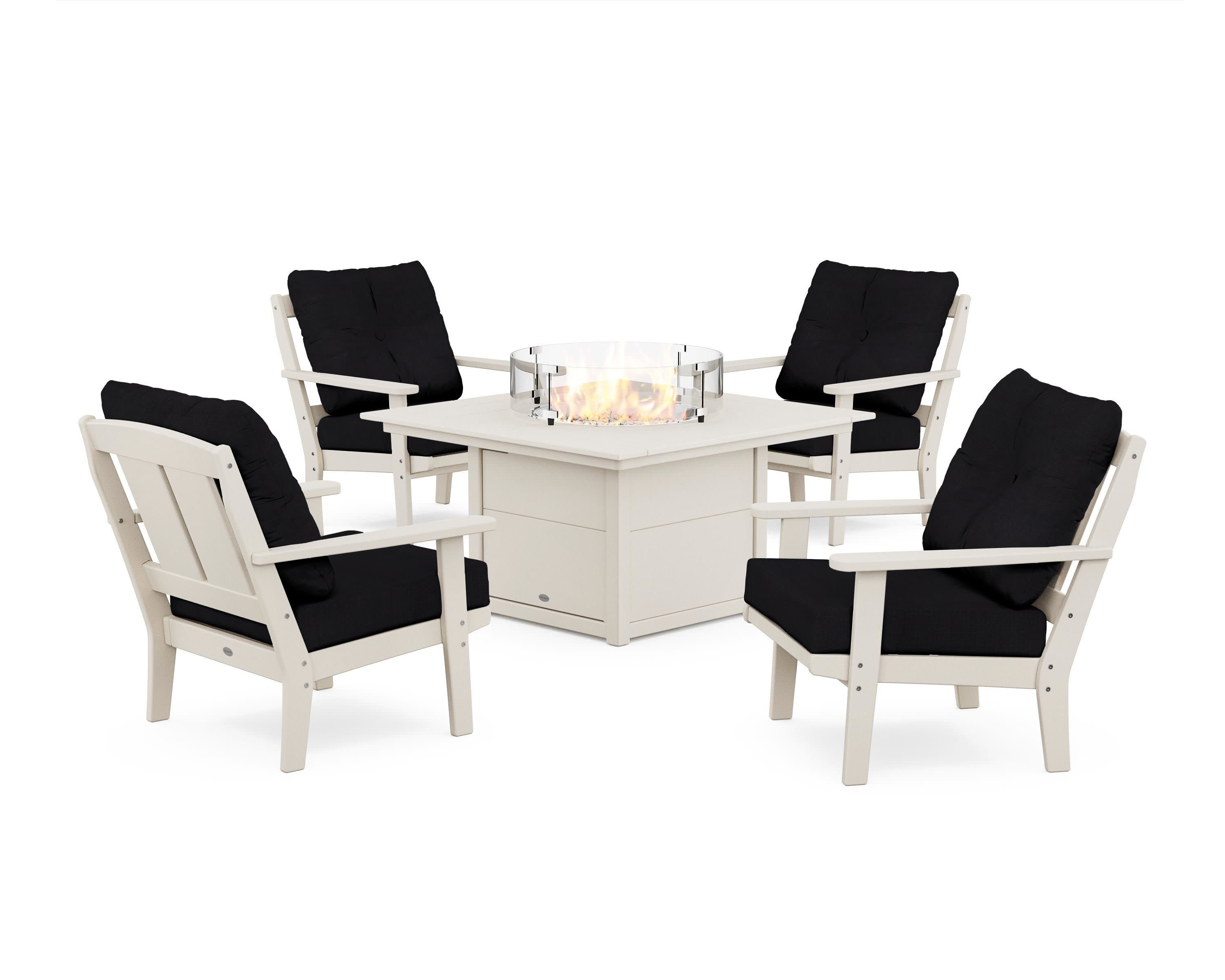 Mission 5-Piece Deep Seating Set with Fire Pit Table in Sand / Midnight Linen
