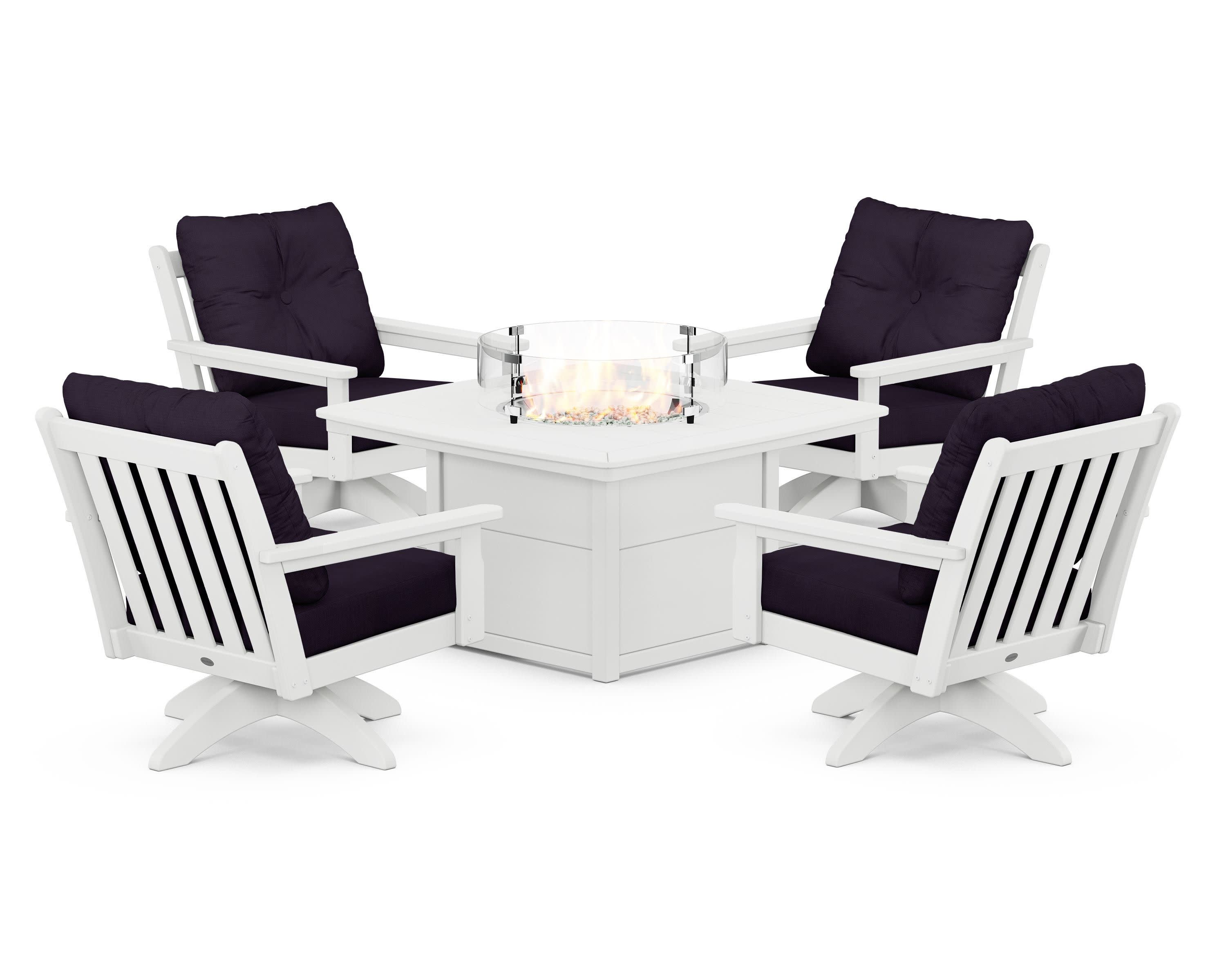 Vineyard 5-Piece Deep Seating Swivel Conversation Set with Fire Pit Table in White / Navy Linen