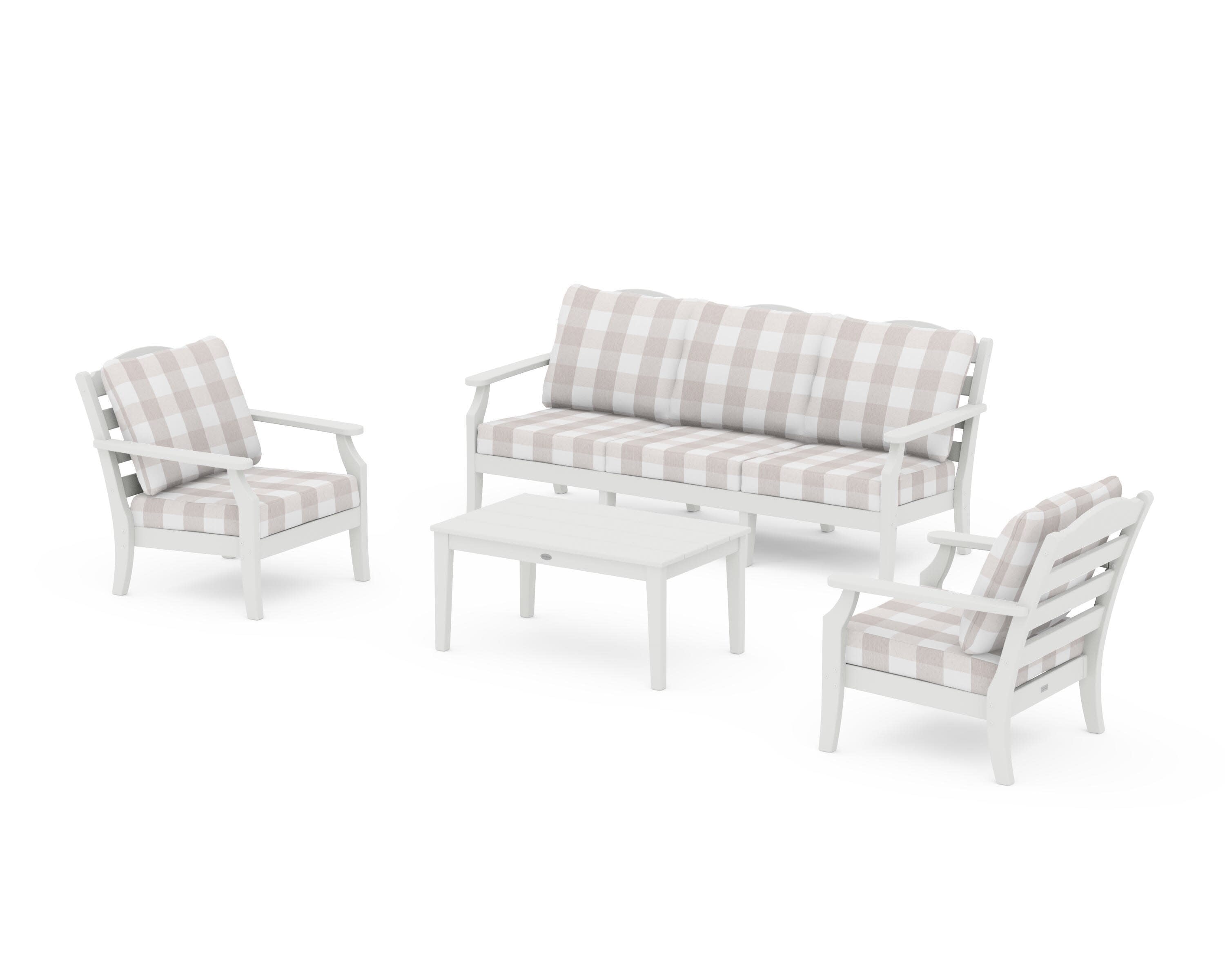 Savannah 4-Piece Deep Seating Set with Sofa in Vintage White / Buffalo Plaid Dune Burlap