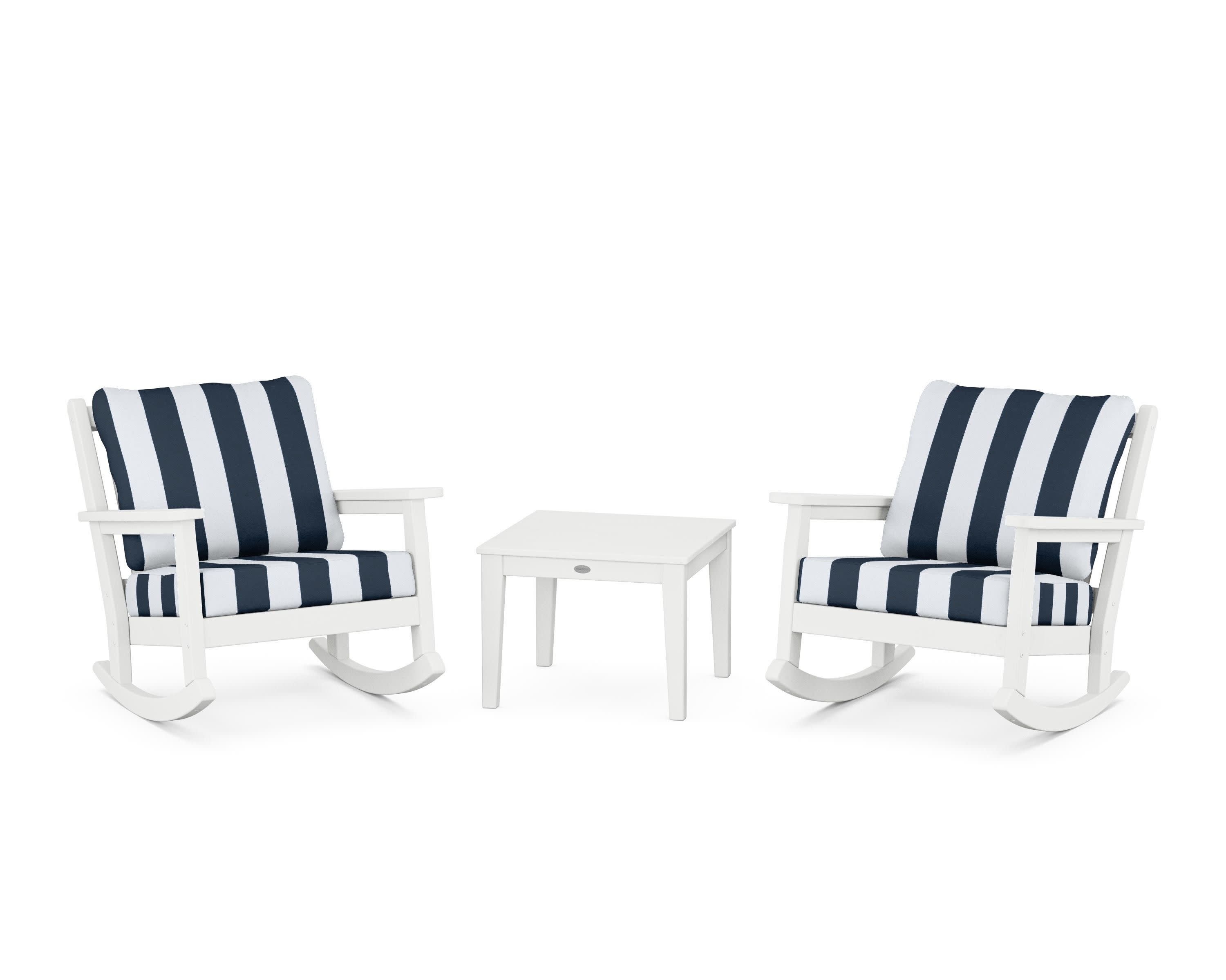 Chippendale 3-Piece Deep Seating Rocker Set in White / Cabana Stripe Marine Indigo