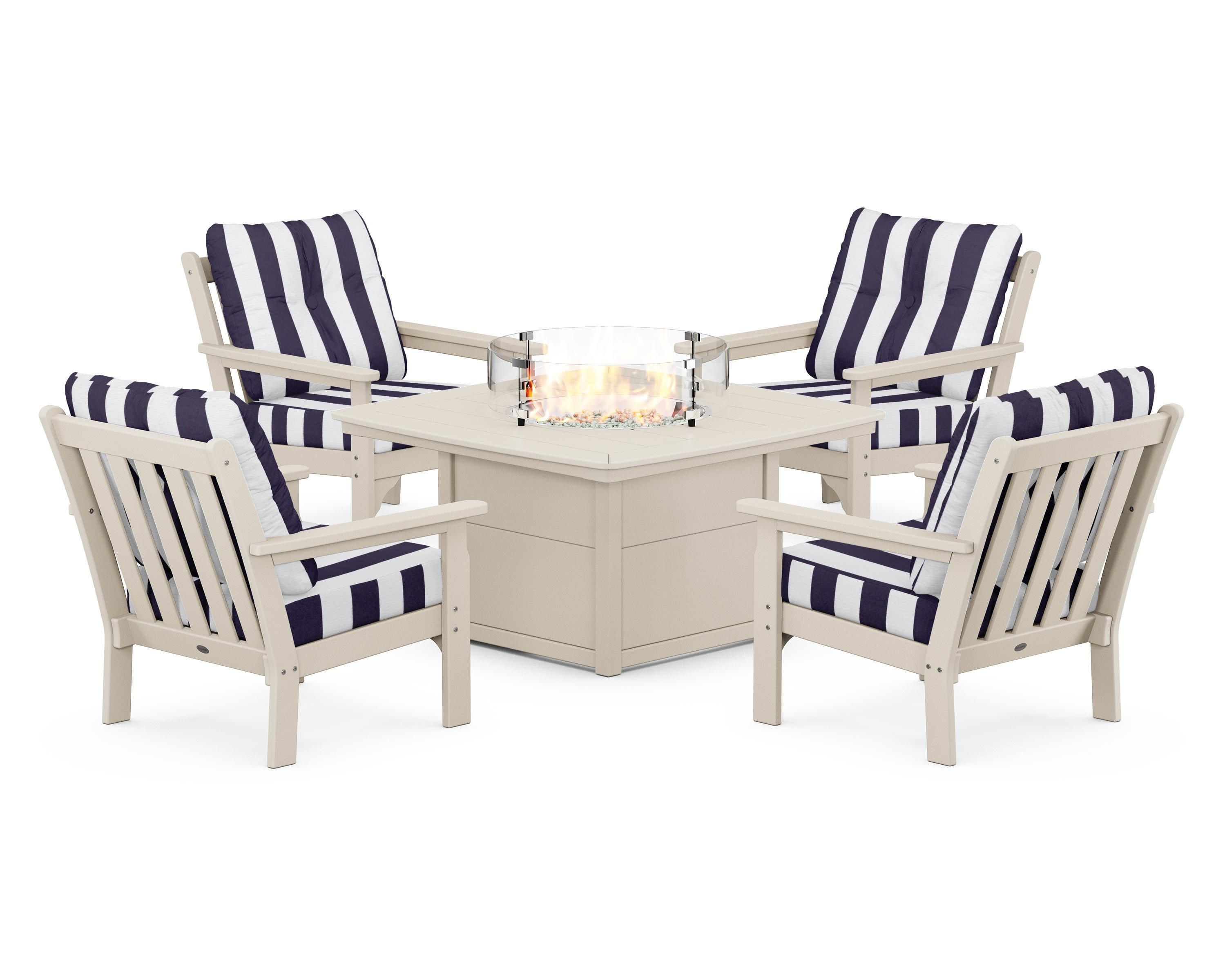 Vineyard 5-Piece Conversation Set with Fire Pit Table in Sand / Cabana Stripe Navy