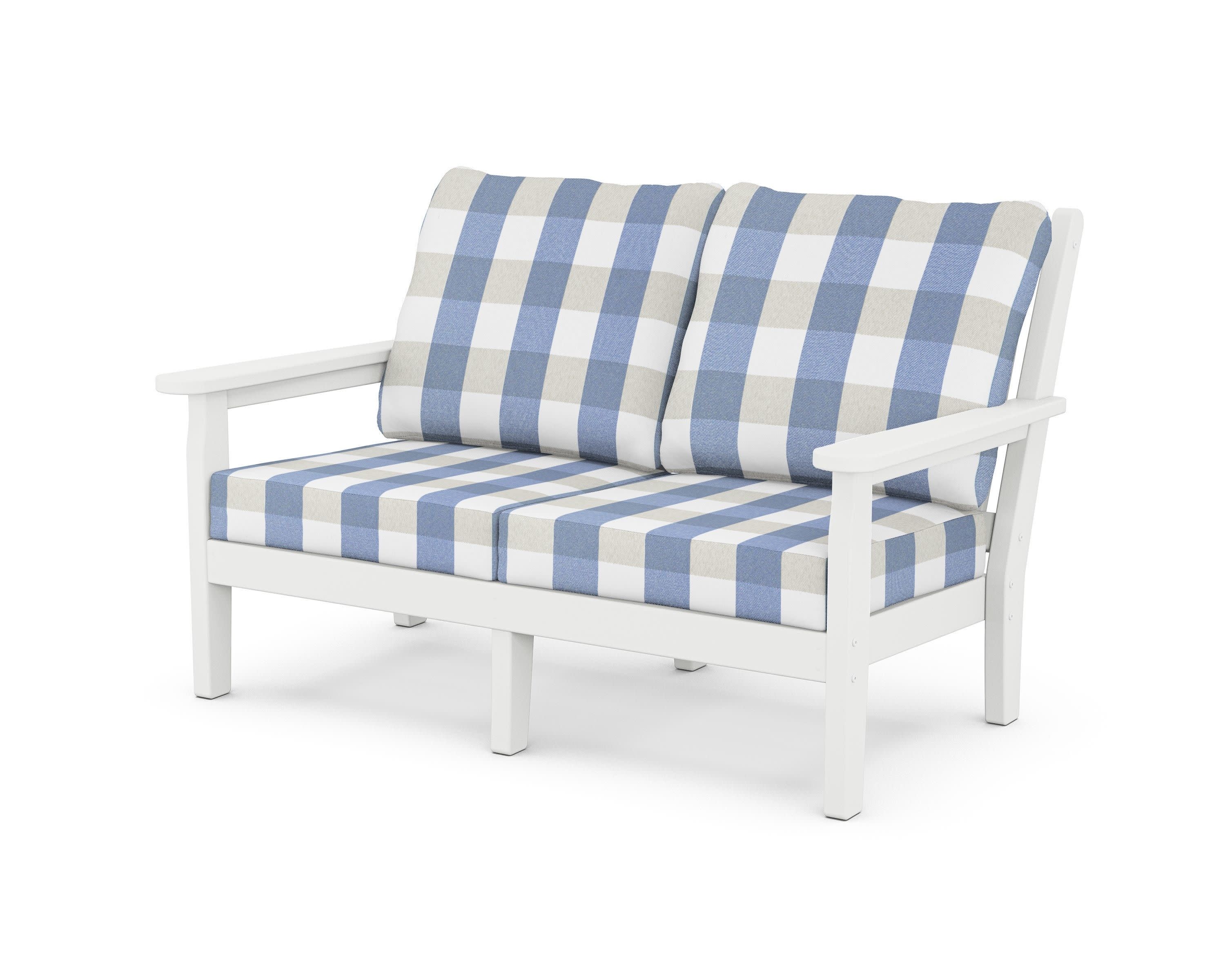 Chippendale Deep Seating Loveseat in White / Buffalo Plaid Sky Blue