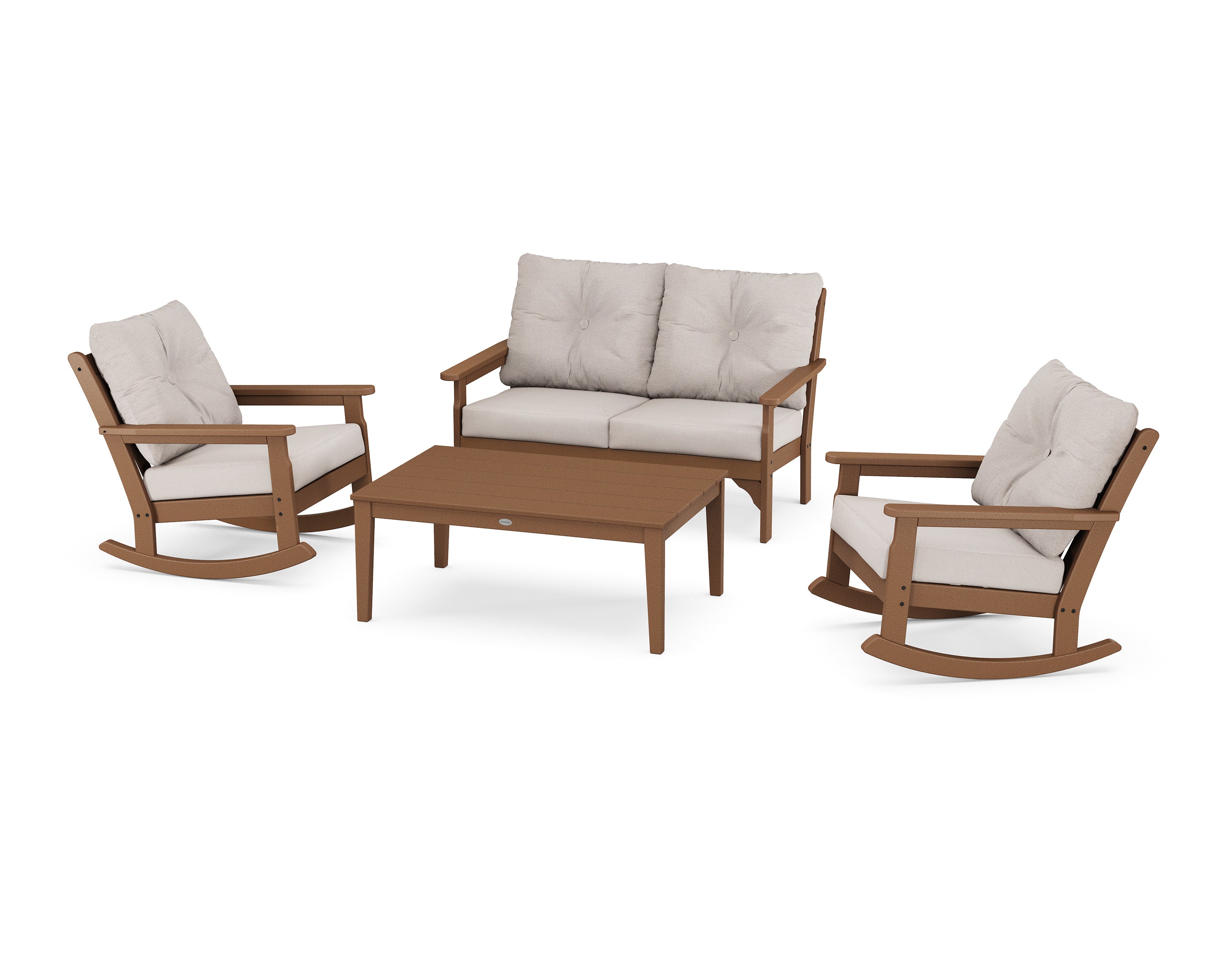 Vineyard 4-Piece Deep Seating Rocking Chair Set in Teak / Dune Burlap