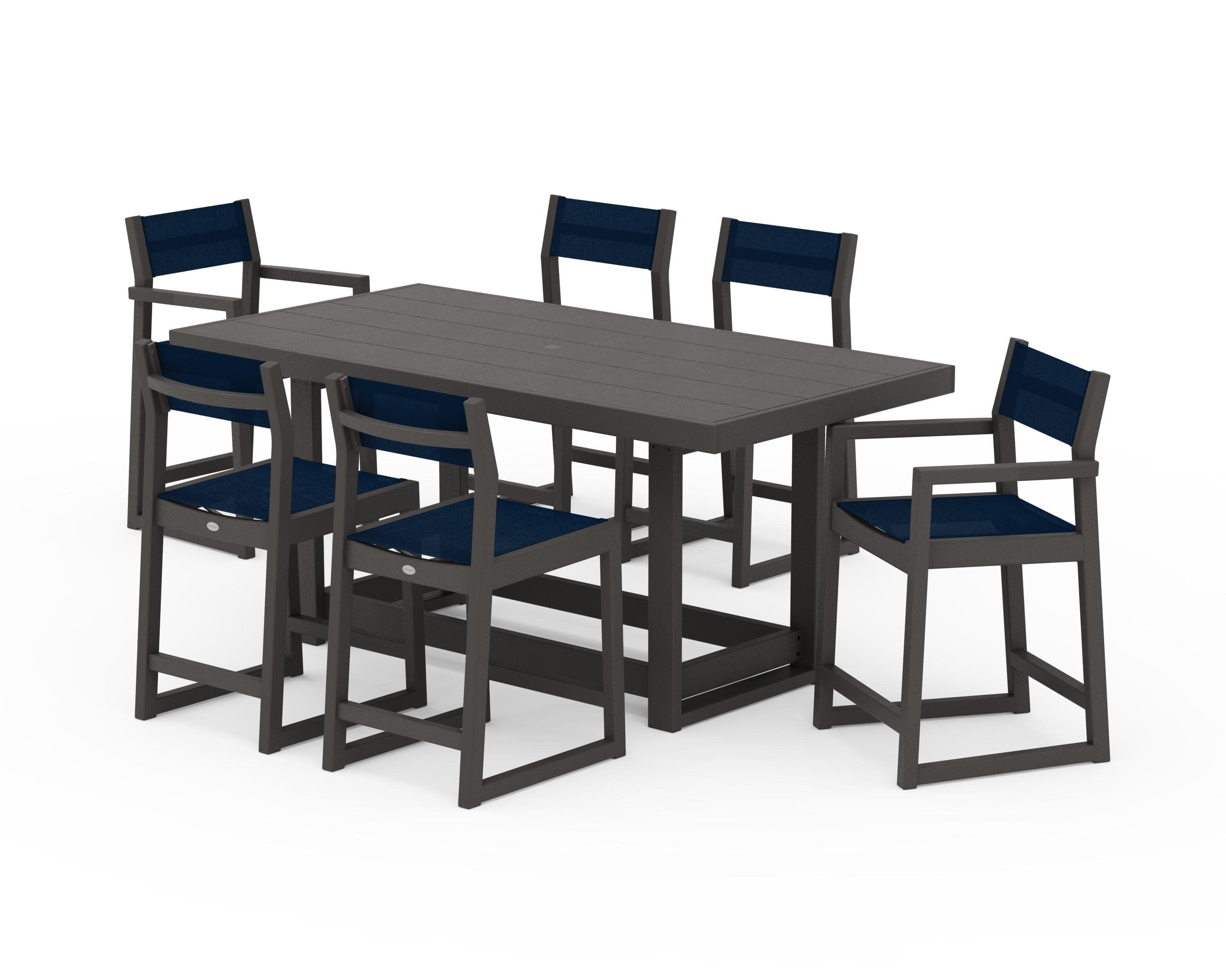 EDGE Sling 7-Piece Counter Table Set in Vintage Coffee / Navy Blue Sling