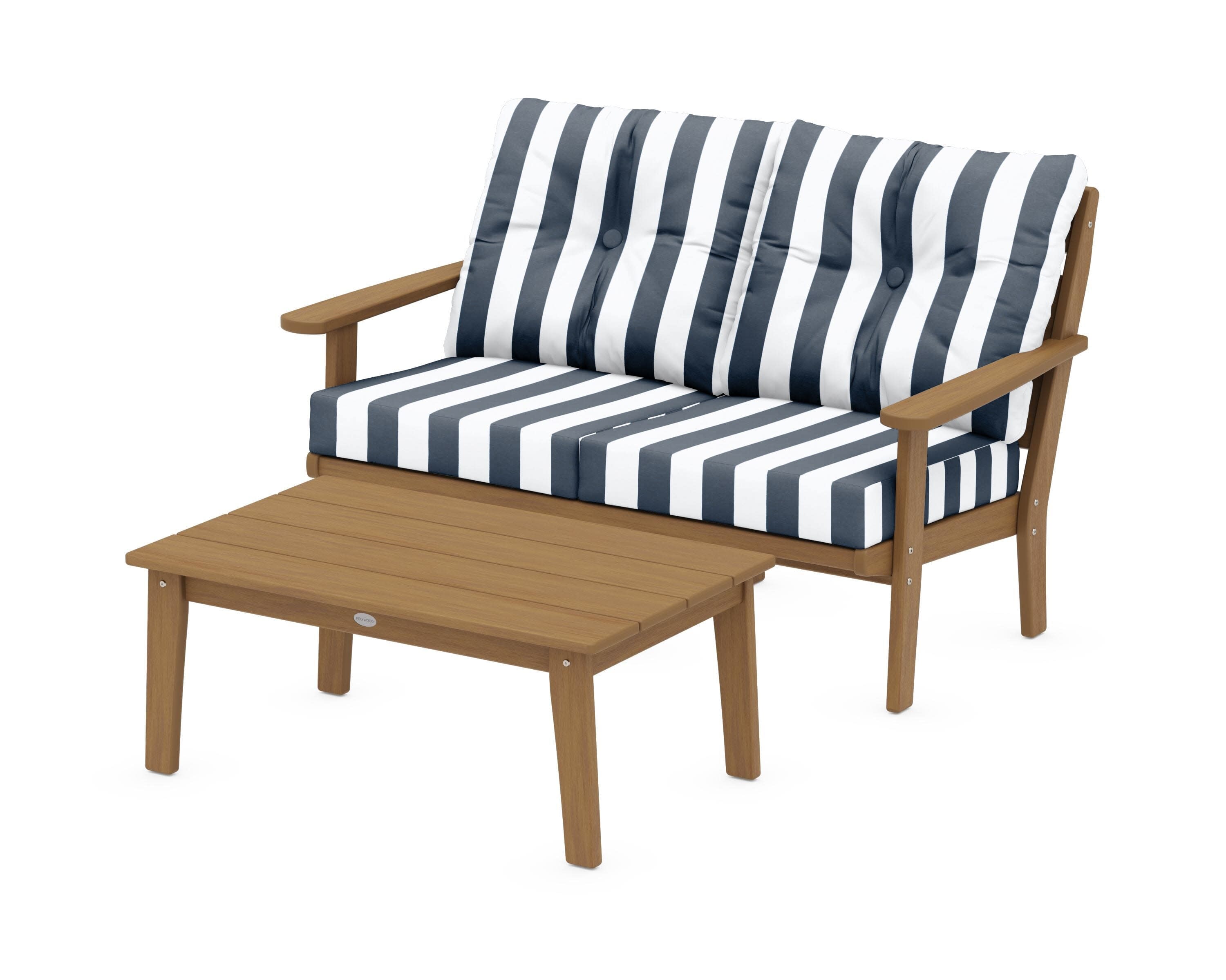 Lakeside 2-Piece Lounge Loveseat Set in Natural / Cabana Stripe Marine Indigo