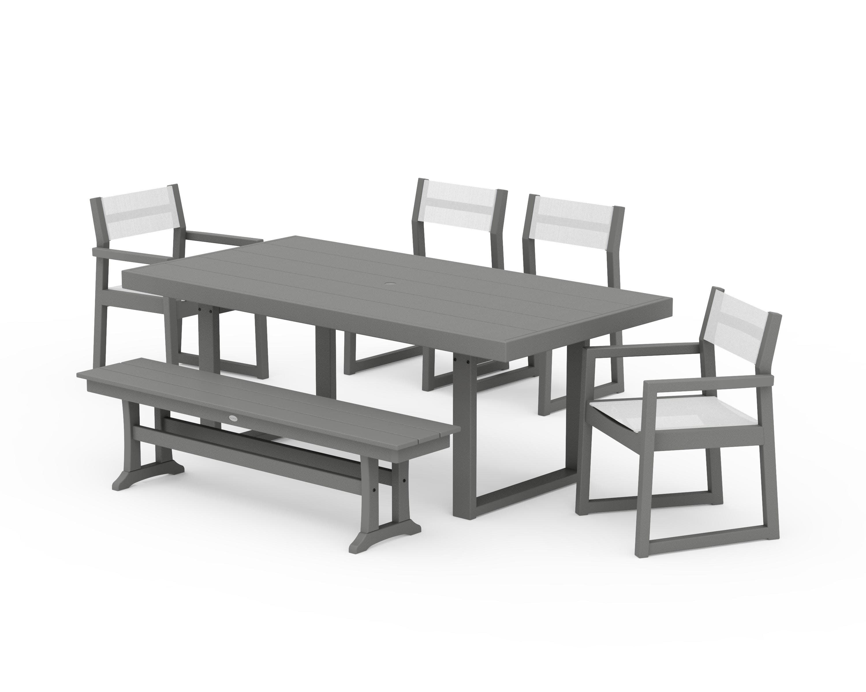 EDGE Sling 6-Piece Dining Set with Bench in Slate Grey / White Sling