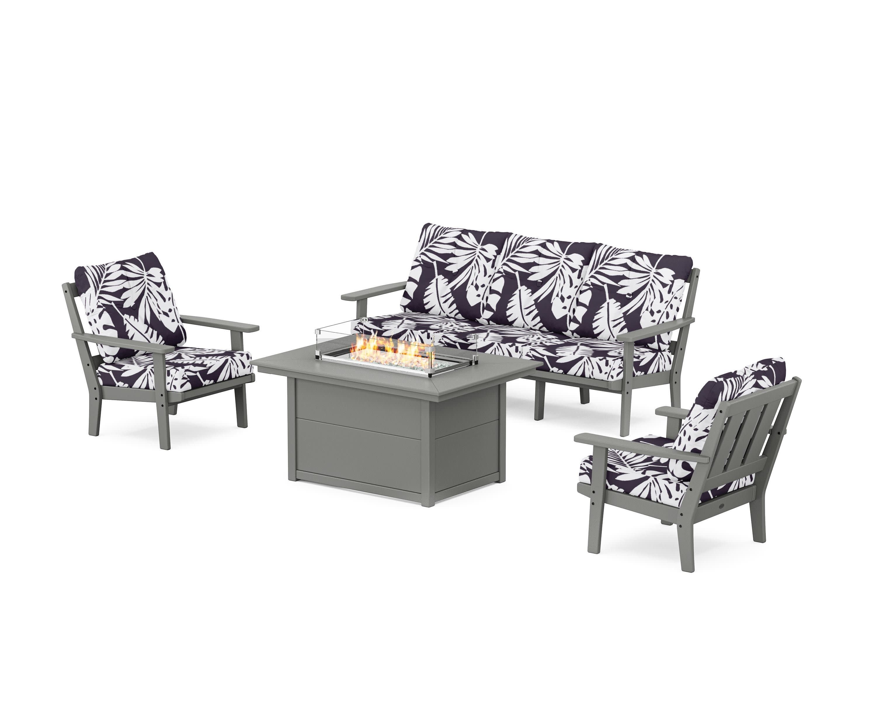 Oxford Deep Seating Fire Pit Table Set in Slate Grey / Leaf Navy