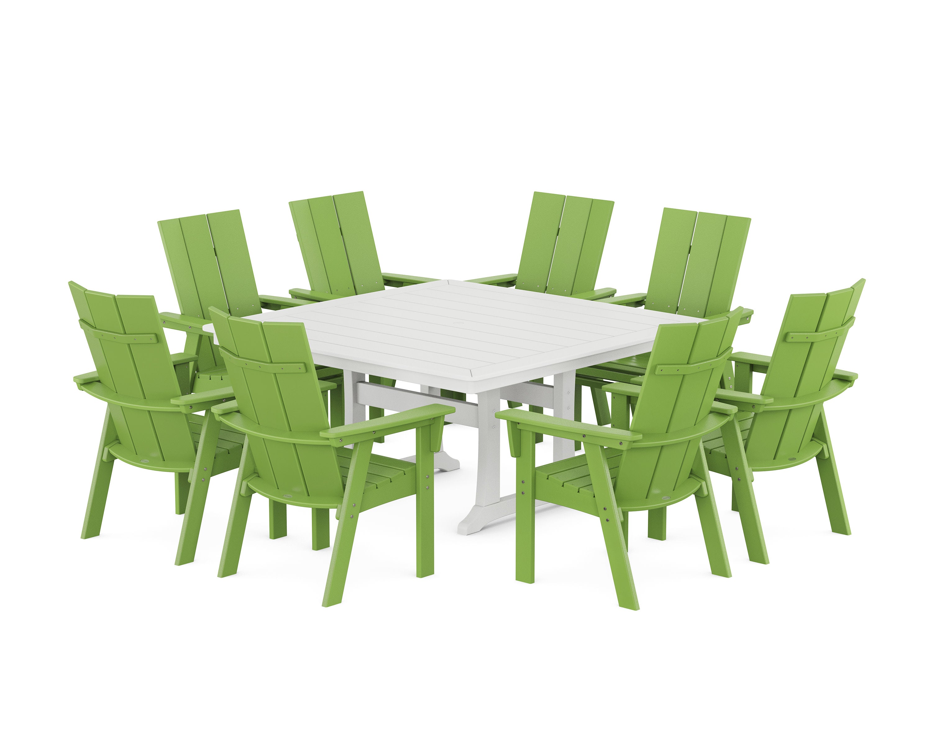 Modern Curveback Adirondack 9-Piece Square Dining Set with Trestle Legs in Lime / White