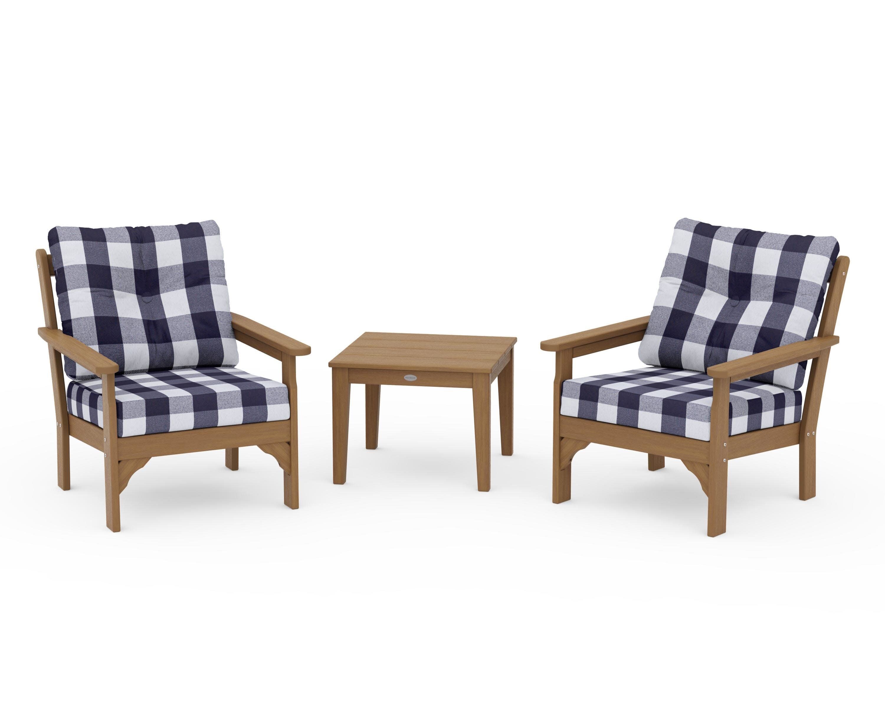 Vineyard 3-Piece Deep Seating Set in Natural / Buffalo Plaid Navy