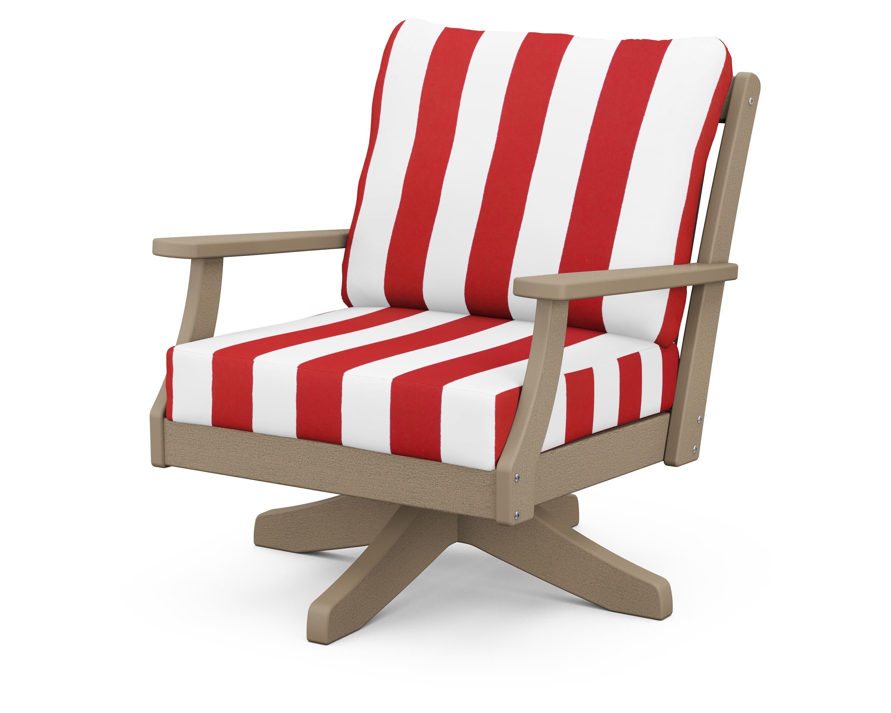 Braxton Deep Seating Swivel Chair in Vintage Sahara / Cabana Stripe Crimson