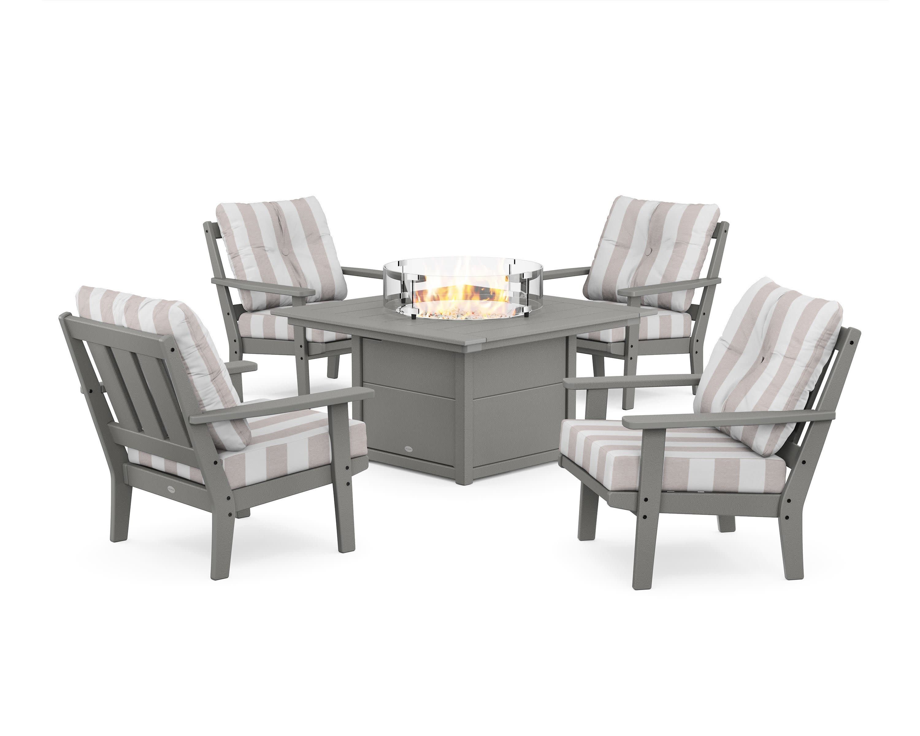 Oxford 5-Piece Deep Seating Set with Fire Pit Table in Slate Grey / Cabana Stripe Dune Burlap