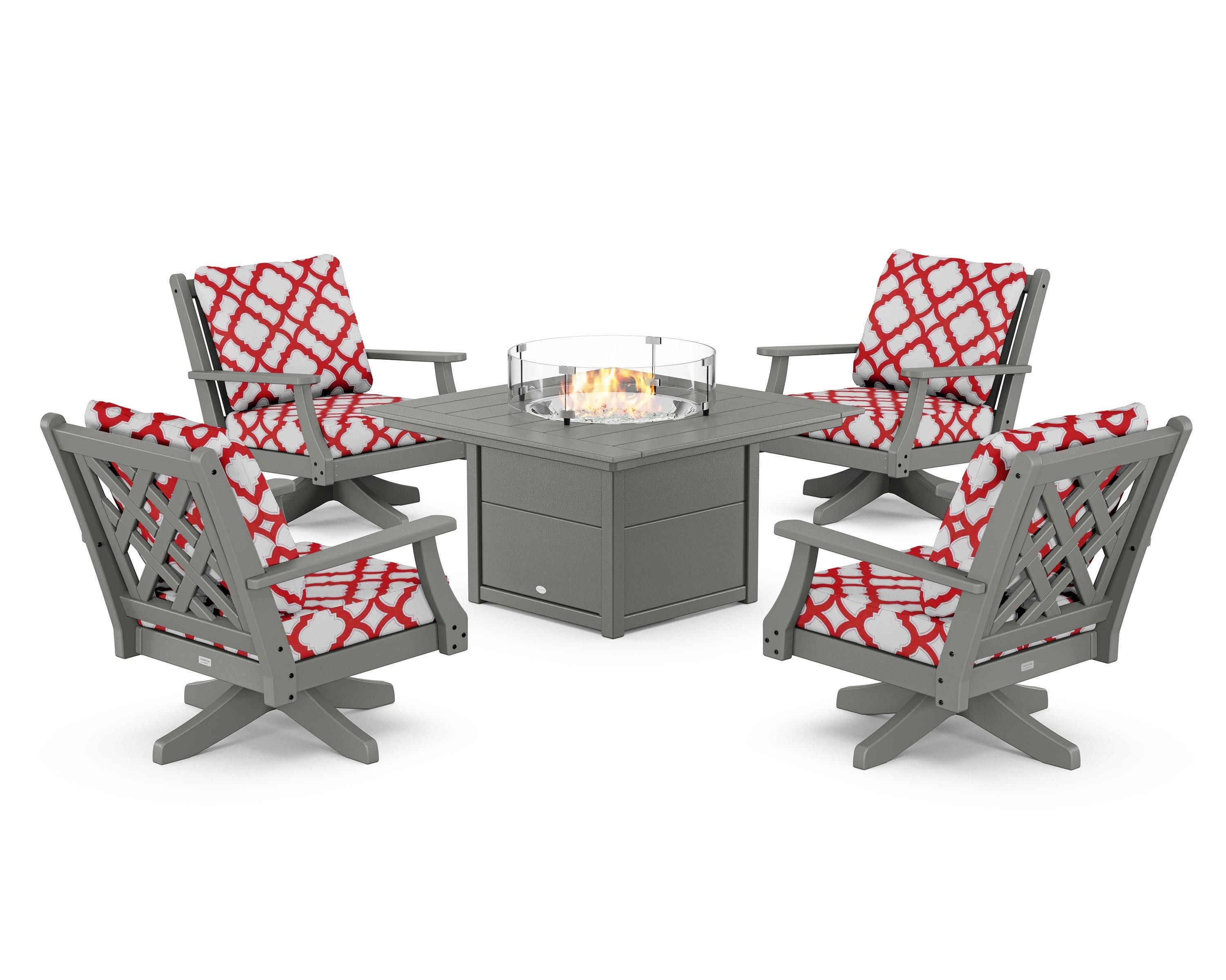 Wovendale 5-Piece Deep Seating Swivel Conversation Set with Fire Pit Table in Slate Grey / Trellis Crimson