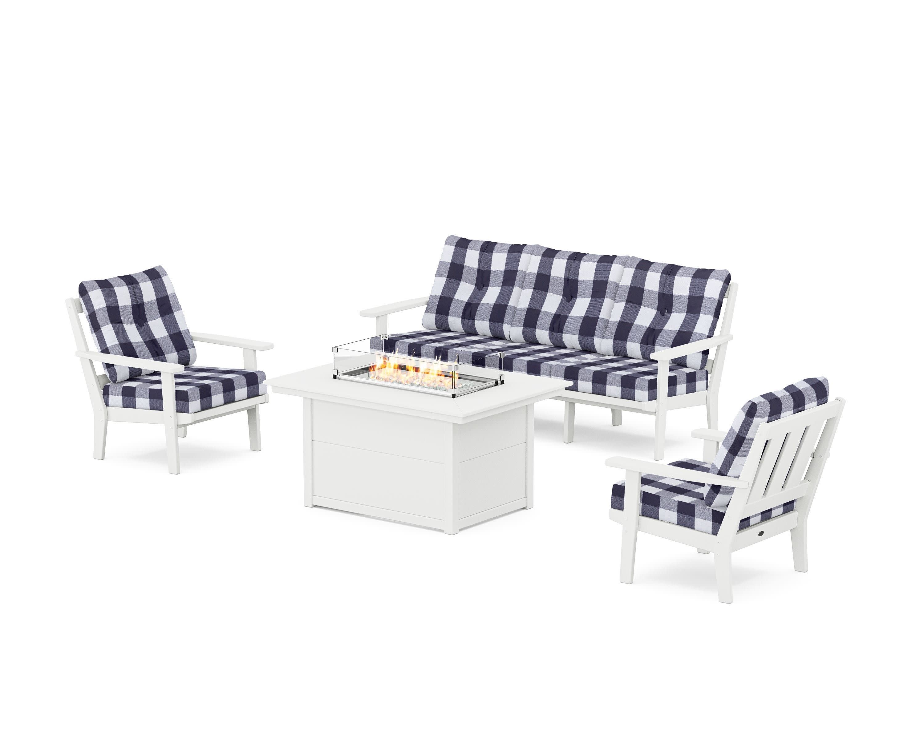 Oxford Deep Seating Fire Pit Table Set in White / Buffalo Plaid Navy