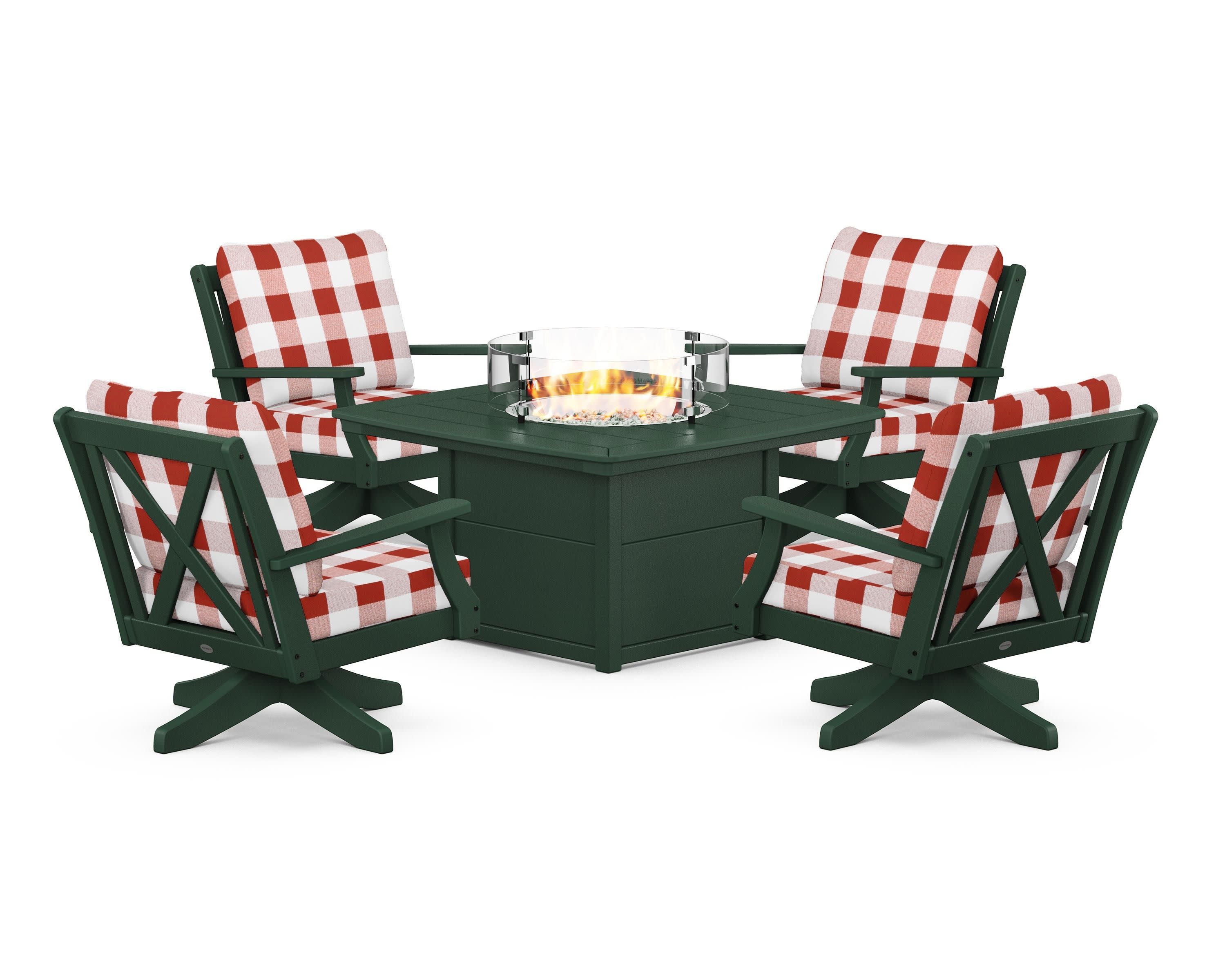 Braxton 5-Piece Deep Seating Swivel Conversation Set with Fire Pit Table in Green / Buffalo Plaid Crimson