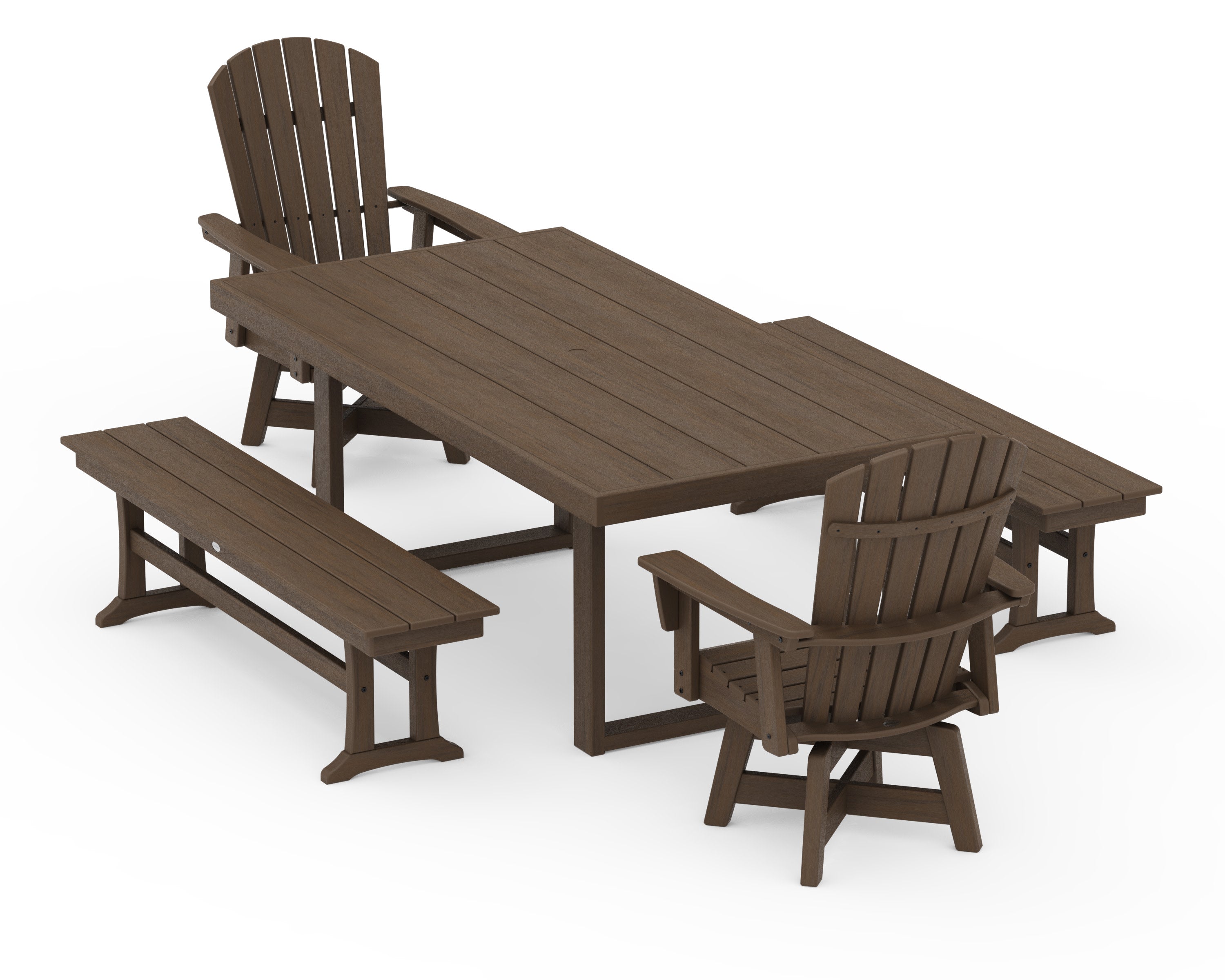 Nautical Curveback Adirondack Swivel Chair 5-Piece Dining Set with Benches in Kona