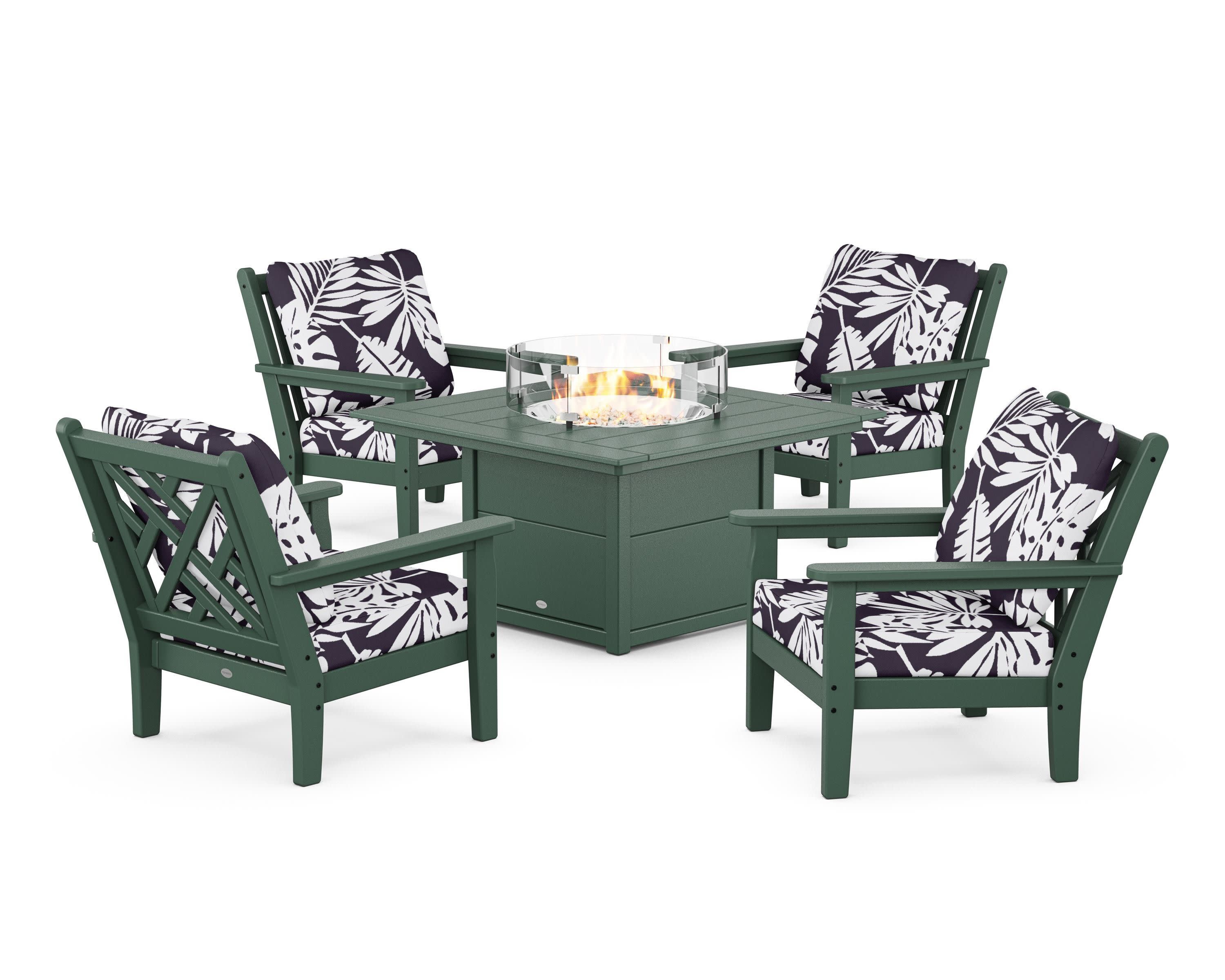Chippendale 5-Piece Deep Seating Set with Fire Pit Table in Green / Leaf Navy