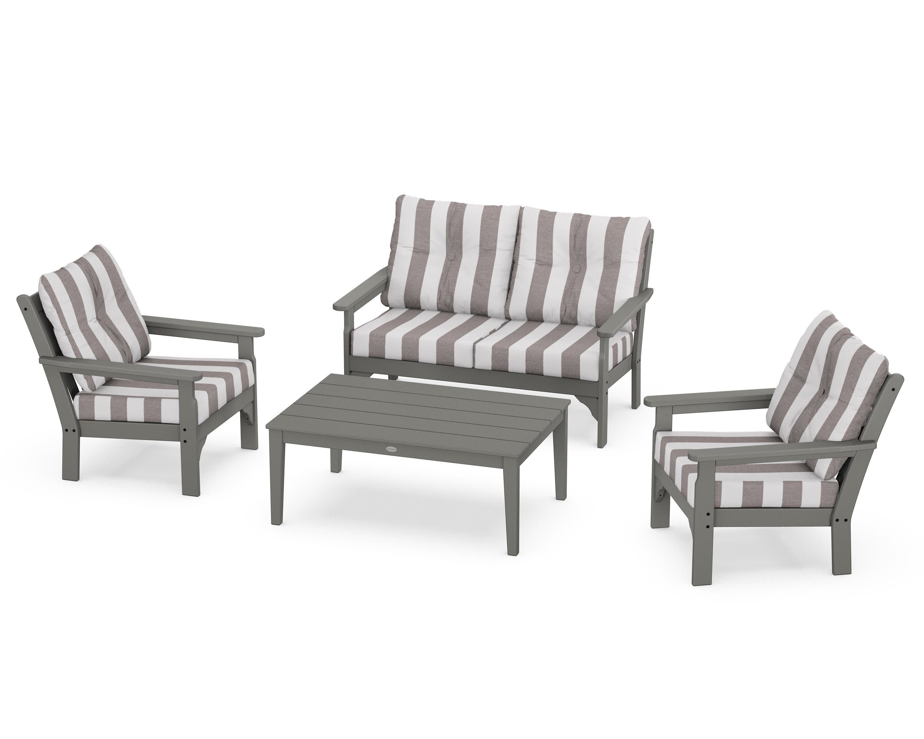 Vineyard 4-Piece Deep Seating Set in Slate Grey / Cabana Stripe Grey Mist
