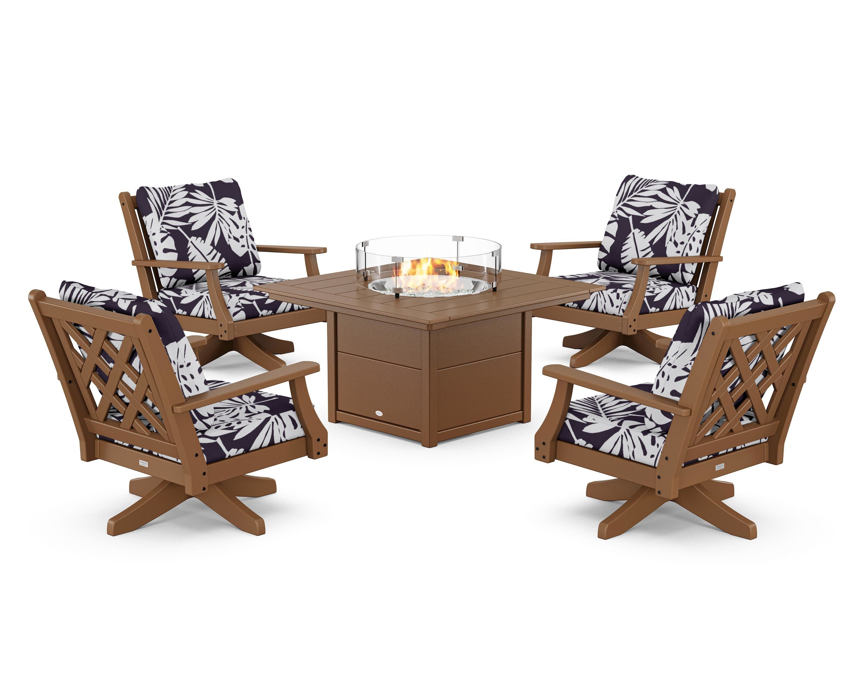 Wovendale 5-Piece Deep Seating Swivel Conversation Set with Fire Pit Table in Teak / Leaf Navy